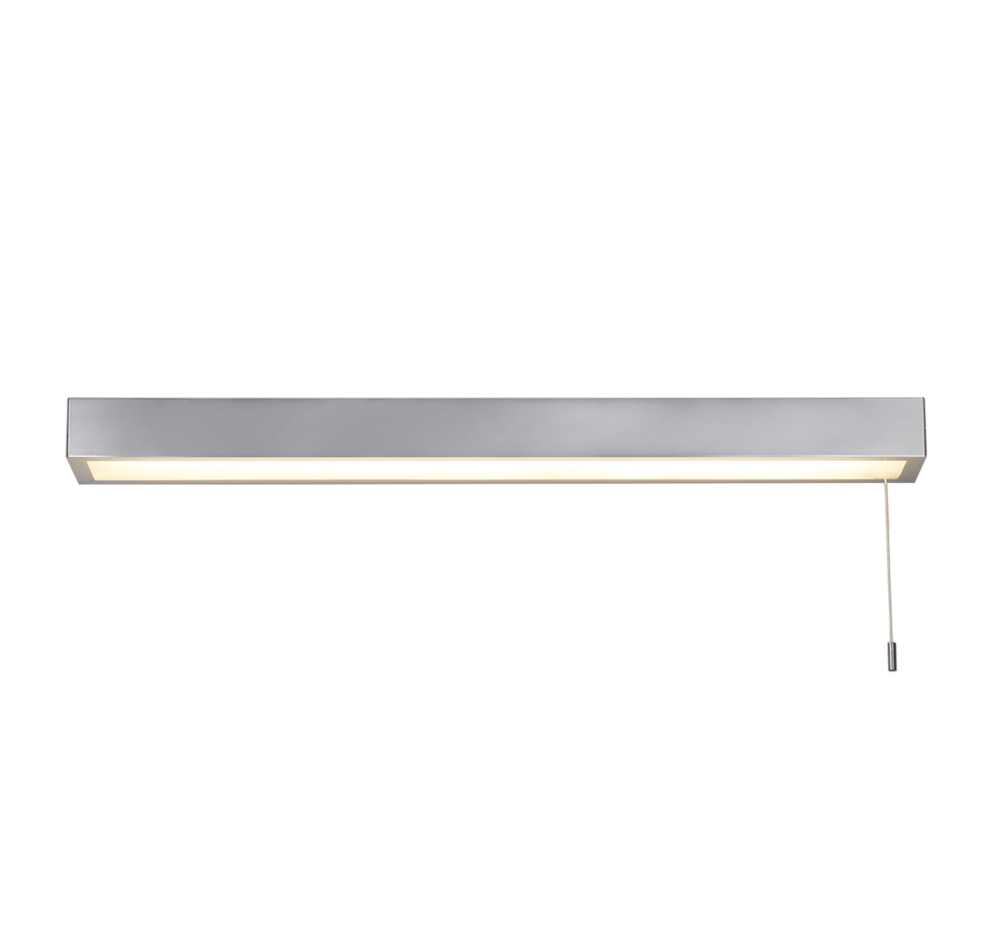 Searchlight Venti LED wall light in polished chrome, full length studio shot with the frosted polycarbonate diffuser lit and pull cord switch visible on the right
