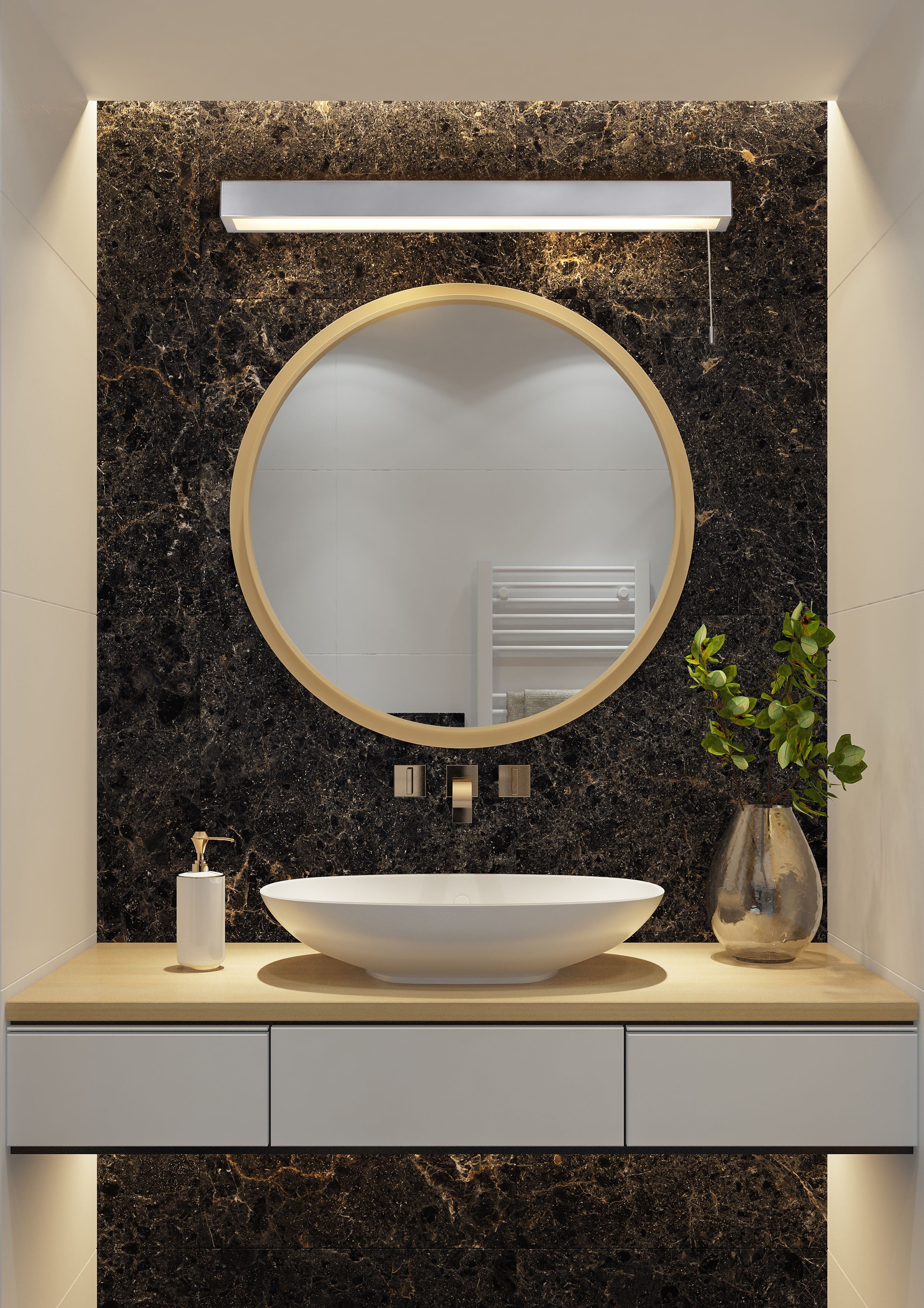 Searchlight Venti LED wall light in polished chrome mounted above a round mirror over a bathroom vanity sink, styled with a dark marble feature wall