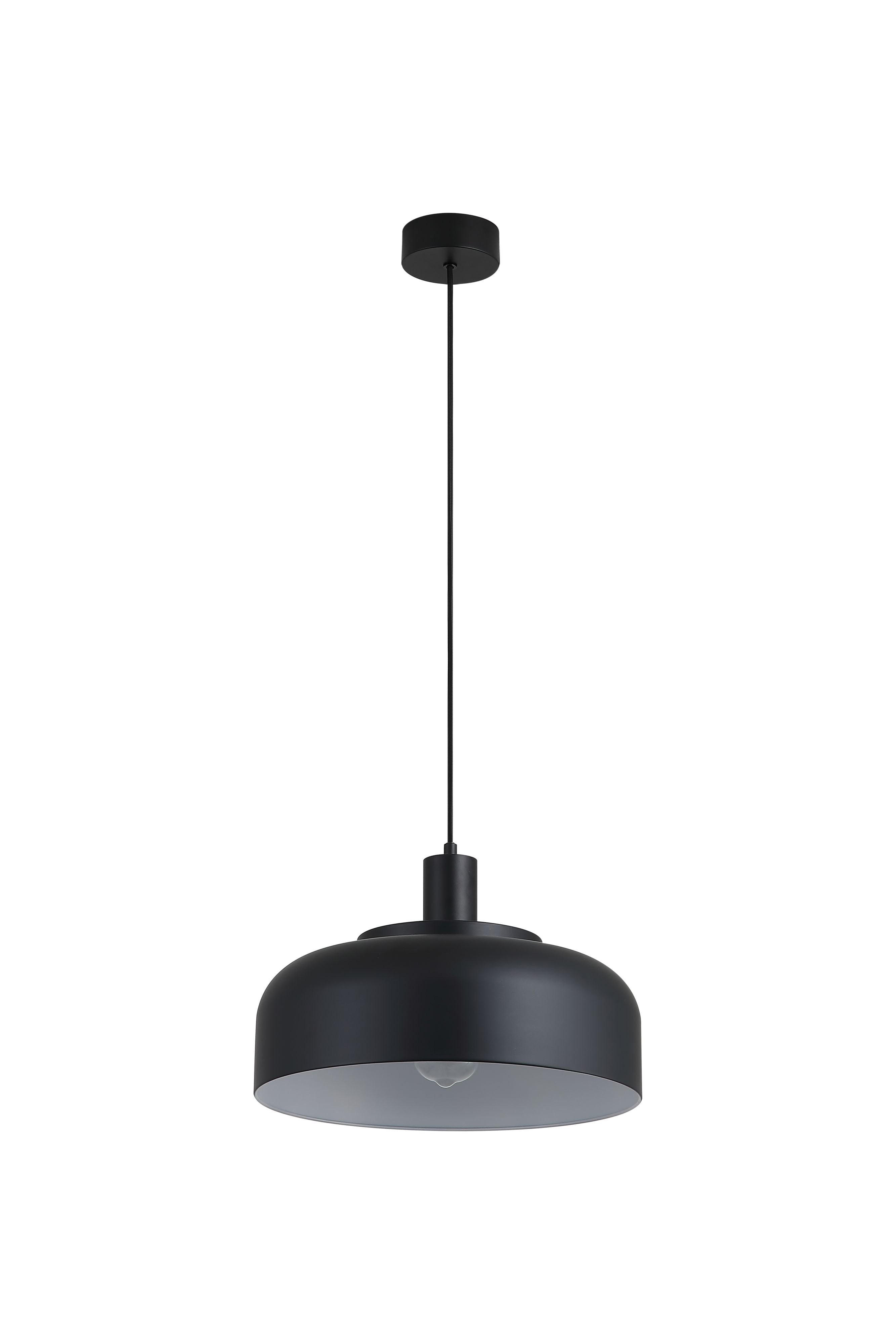 Searchlight Scotland pendant light shown from a slightly different angle, matt black dome shade suspended on a black cord with a warm glowing bulb