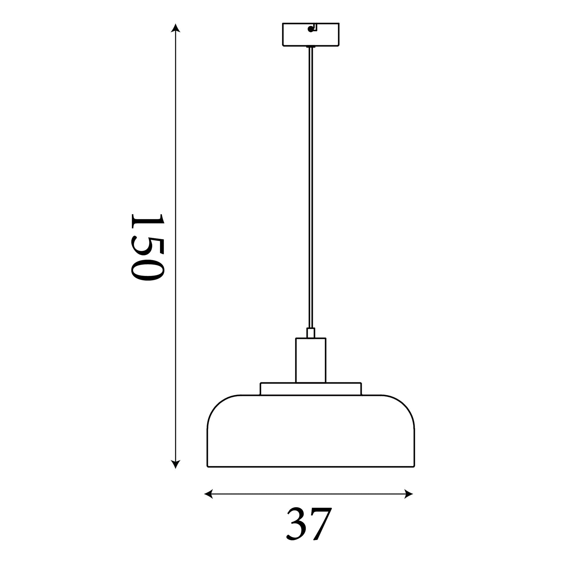Technical line drawing of the Searchlight Scotland pendant showing a 37cm shade width and a maximum drop of 150cm