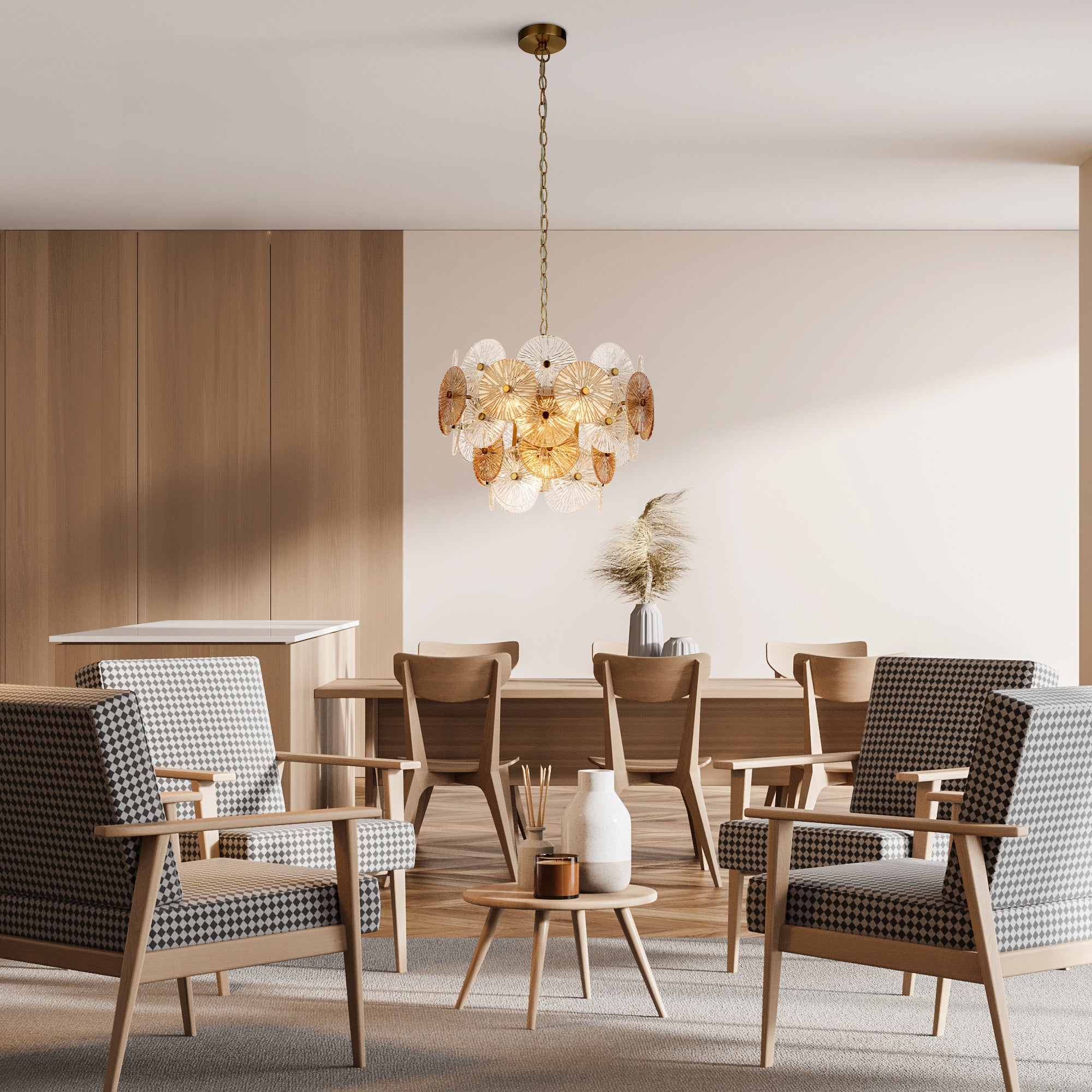 Searchlight Woodbine 5 Light Pendant - Bronze, Clear & Amber Glass