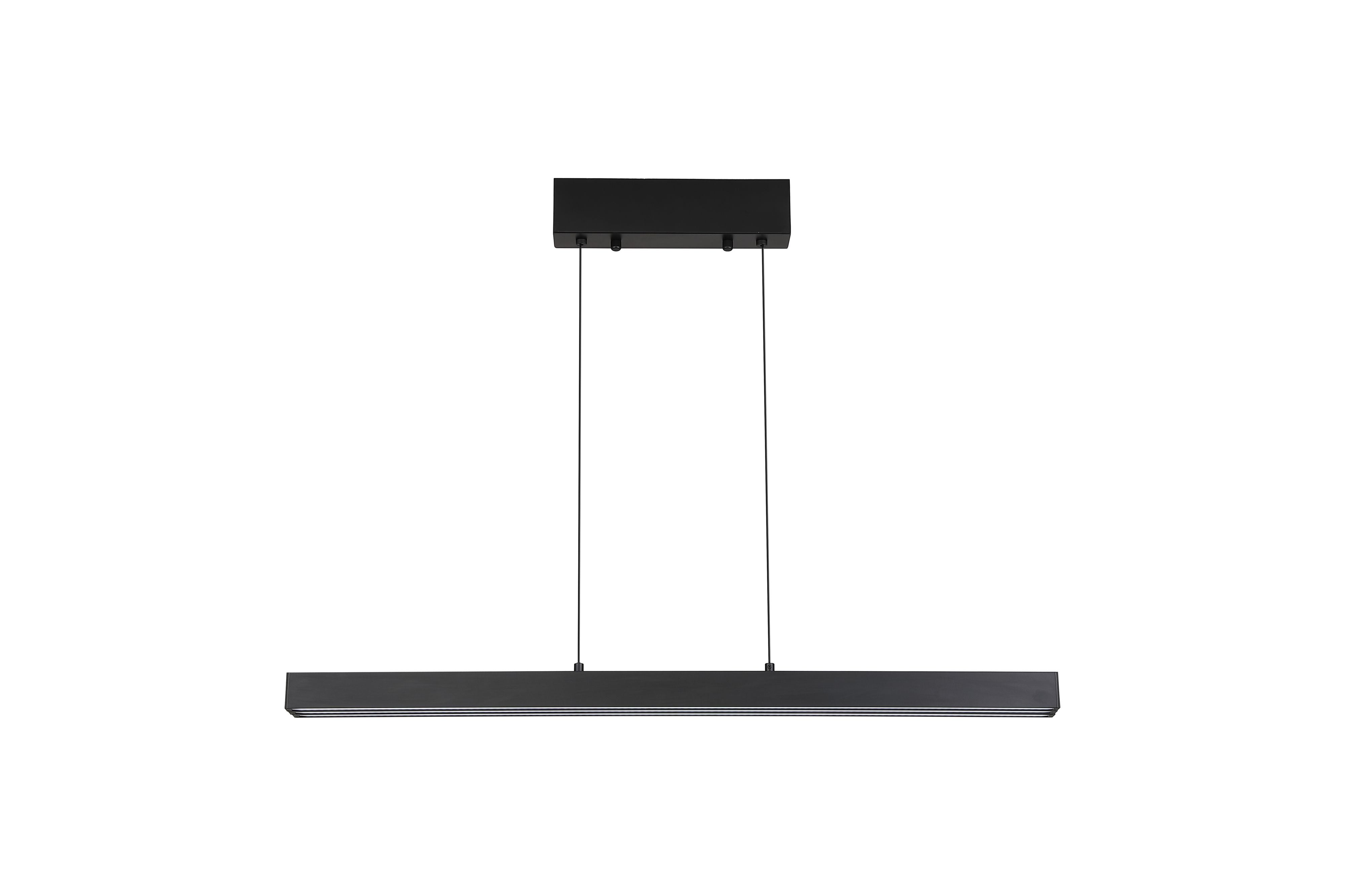 Searchlight Linear LED pendant in matt black, front view of the three sliding panels fully extended