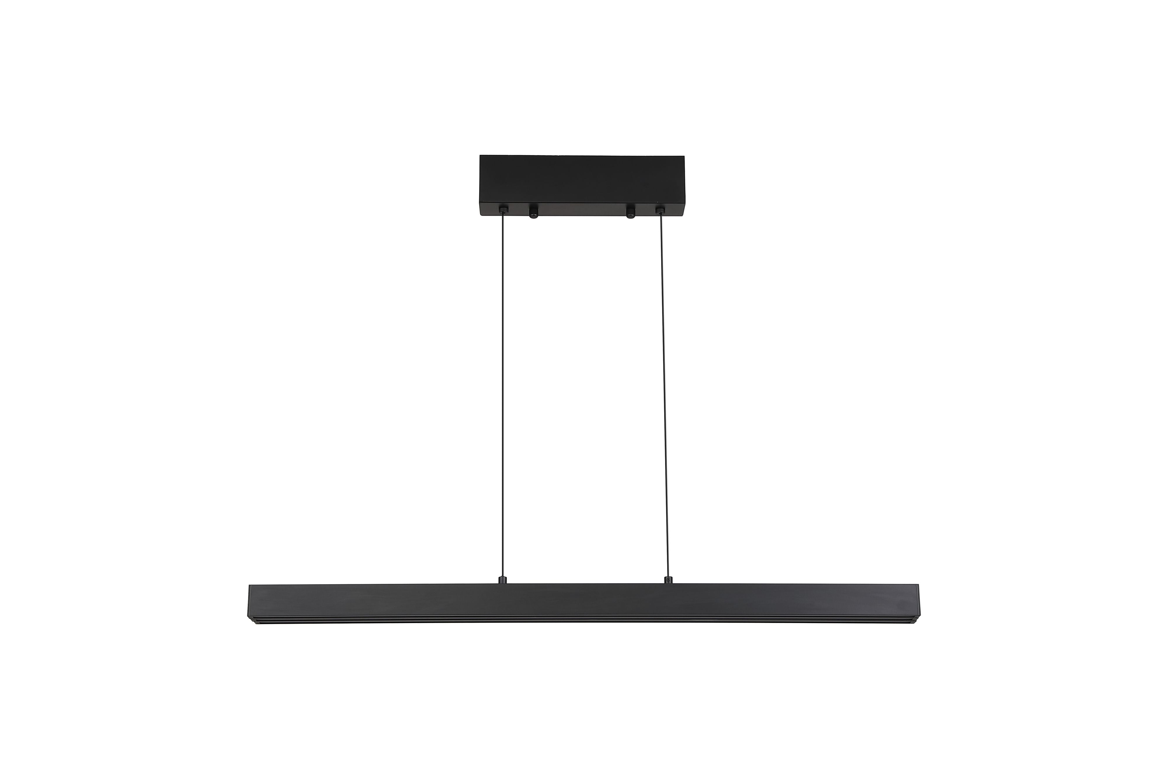 Searchlight Linear LED pendant in matt black, front view showing the ceiling canopy and suspension cables