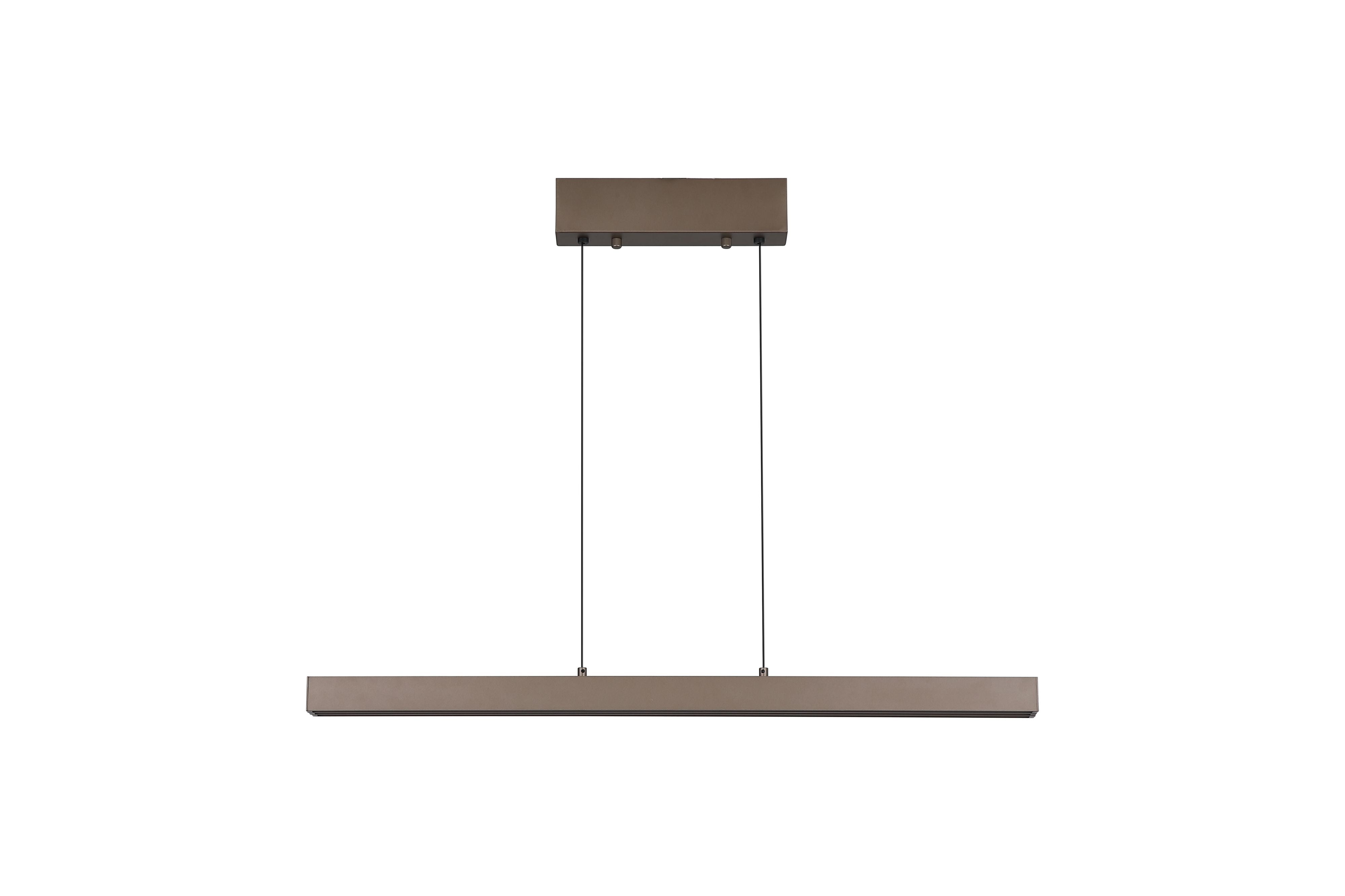 Searchlight Linear LED pendant in latte aluminium, front view showing the ceiling canopy and suspension cables