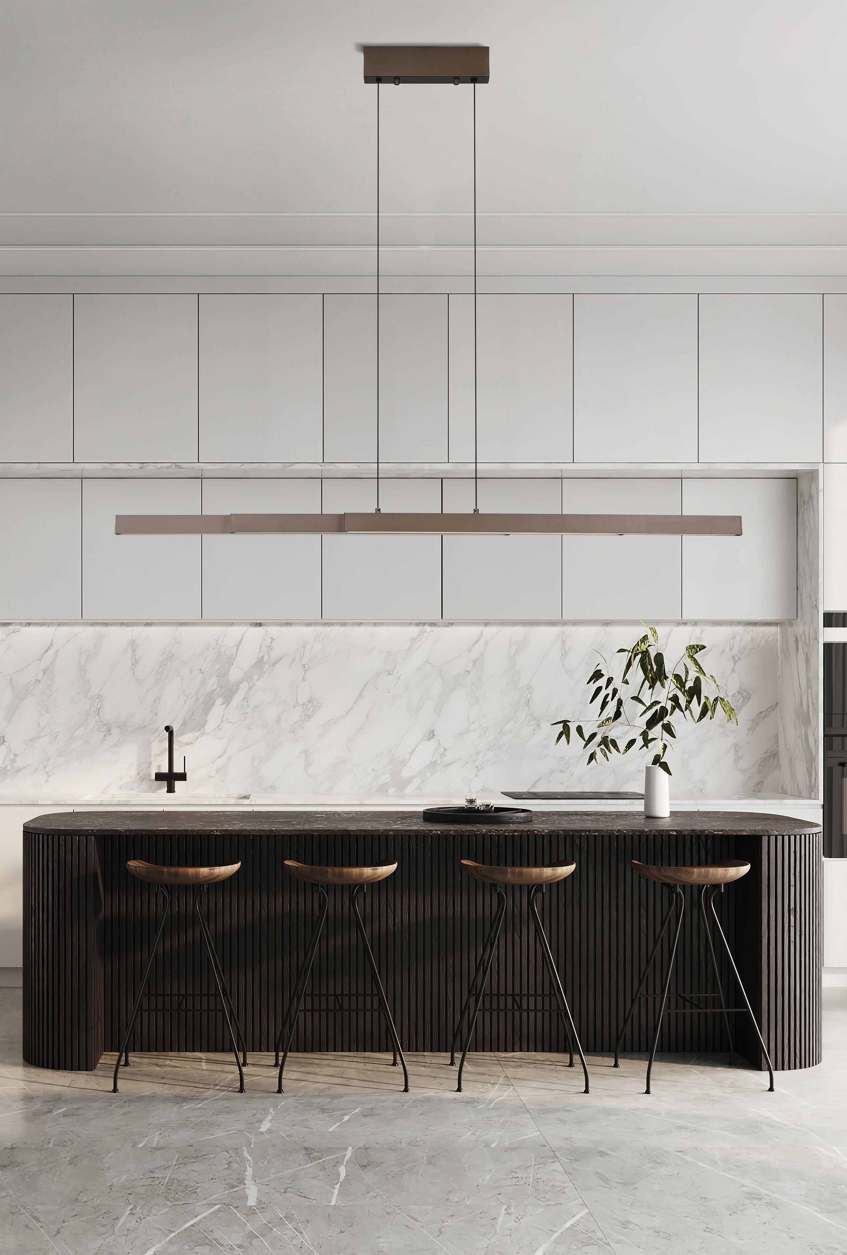 Searchlight Linear LED pendant in latte aluminium styled above a kitchen island with dark marble worktop and white cabinetry