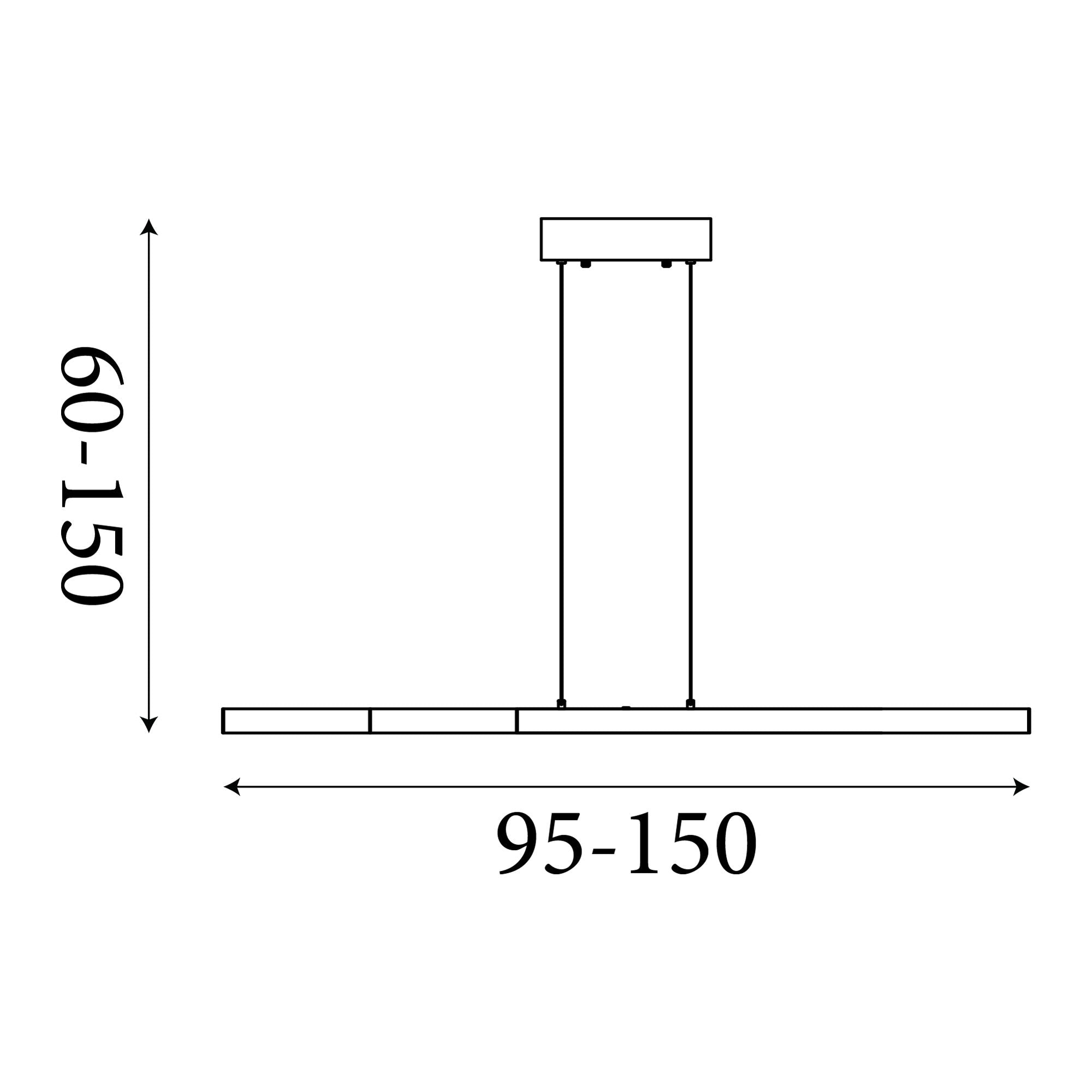 Dimension diagram of the Searchlight Linear LED pendant showing a width adjustable from 95cm to 150cm and a drop adjustable from 60cm to 150cm