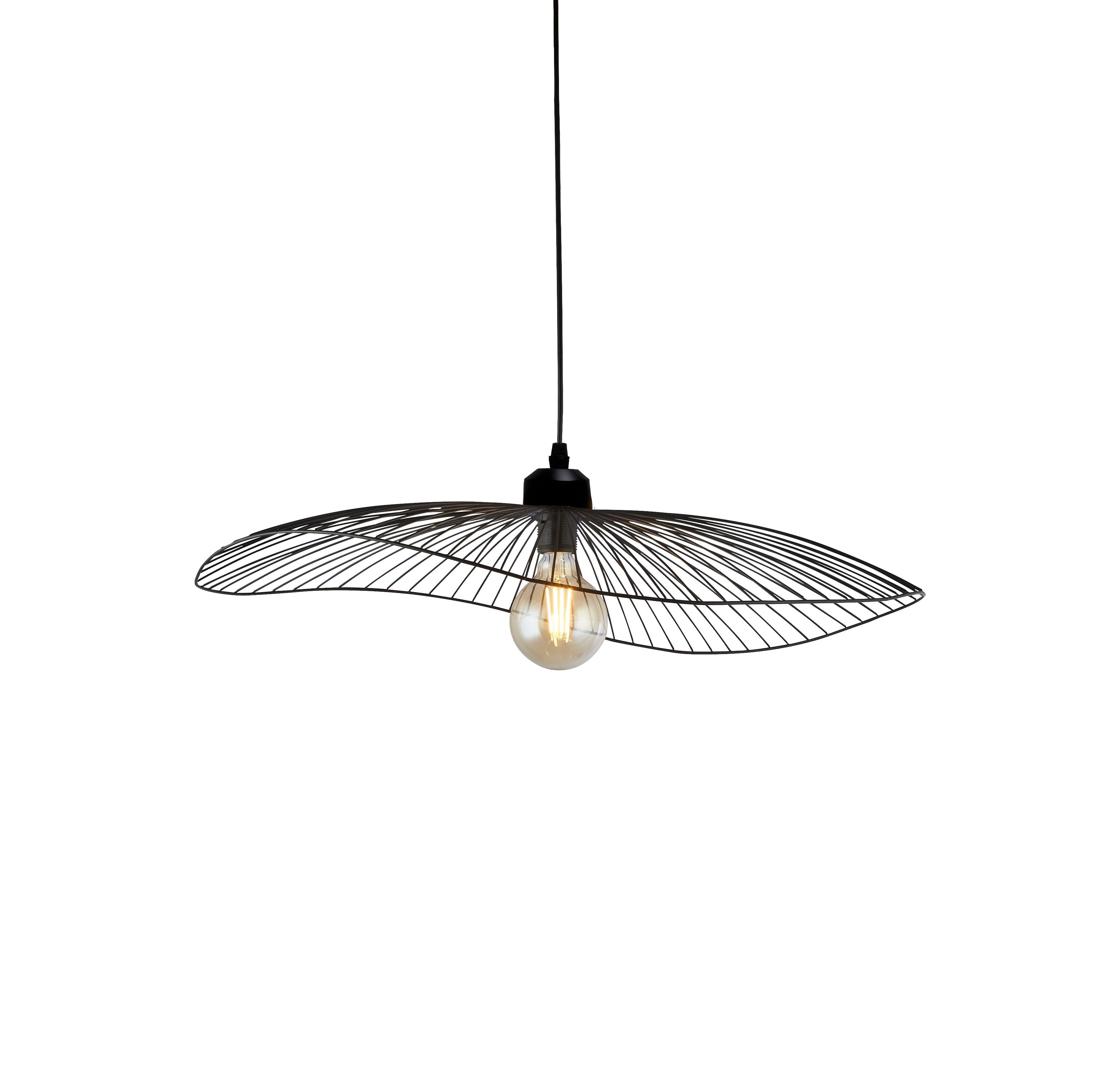 Searchlight Wave pendant light in matt black wire, on a white background with the bulb lit