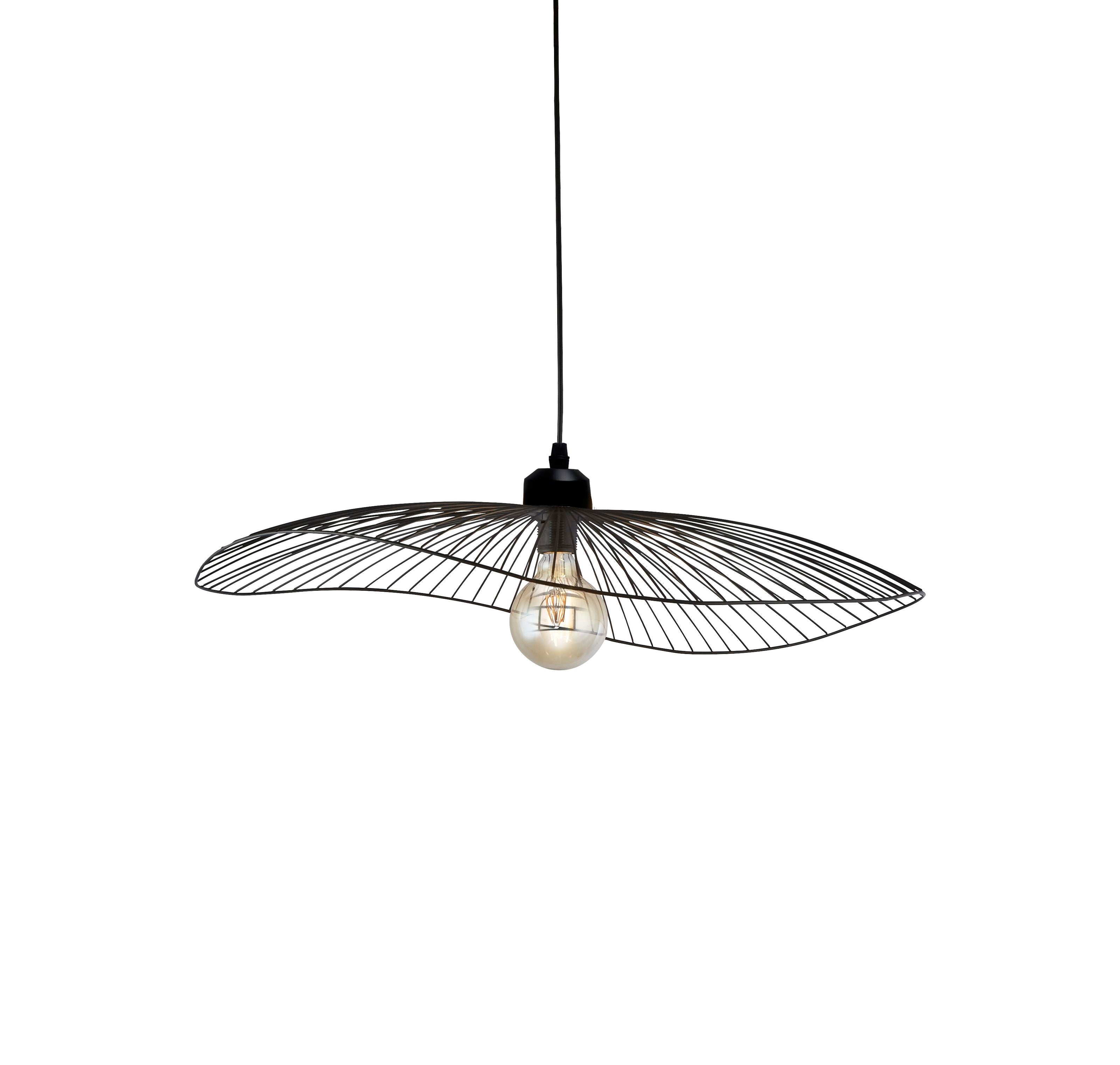 Searchlight Wave pendant light in matt black wire, alternate angle on a white background with the bulb lit