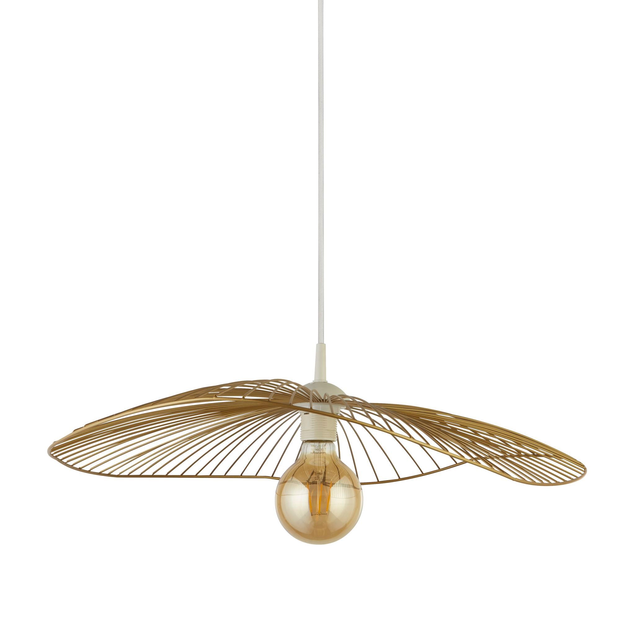 Searchlight Wave pendant light in black and gold wire, with a white cord and fitting, on a white background with the bulb lit