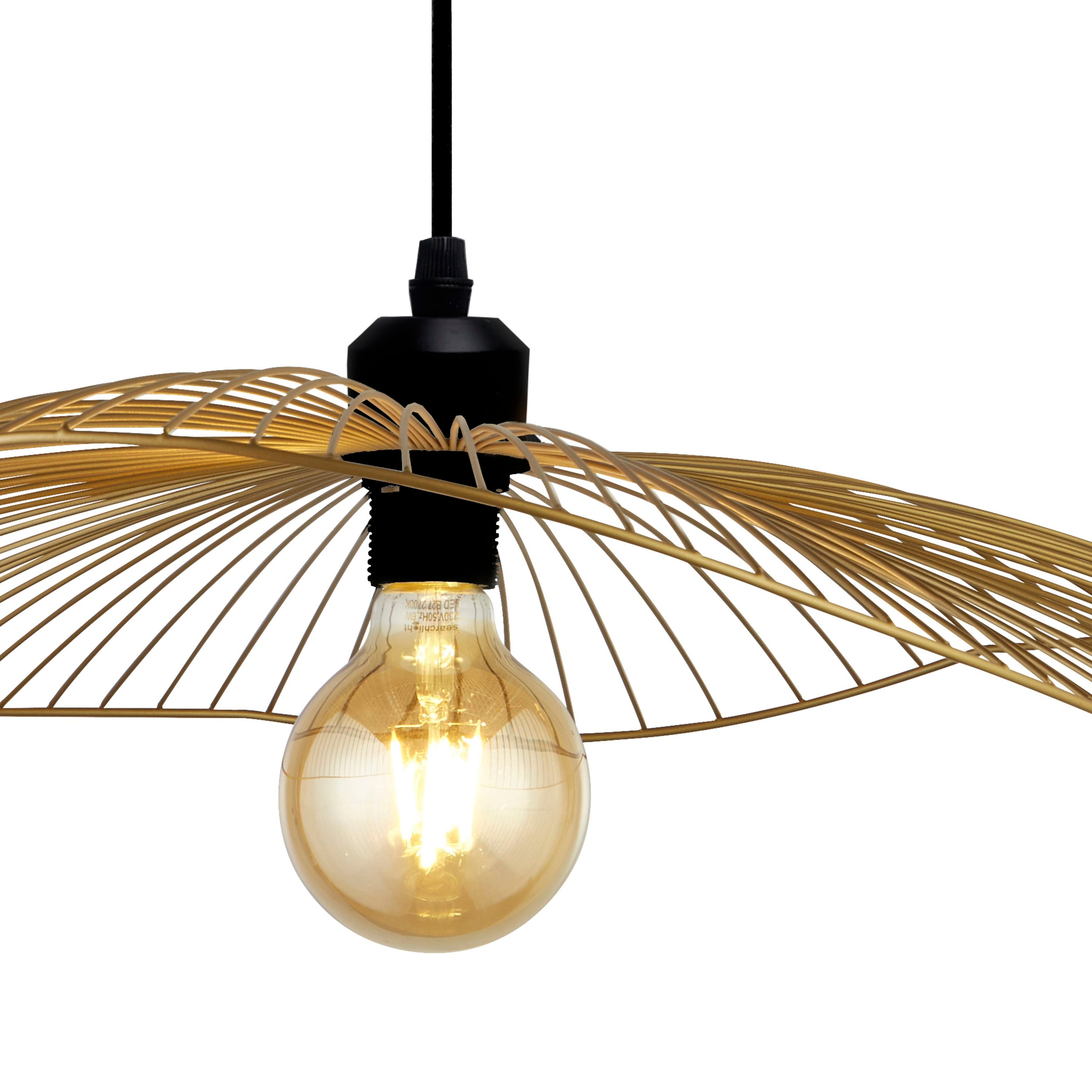 Close up of the gold wire shade and exposed LED filament bulb on the Wave pendant in black and gold