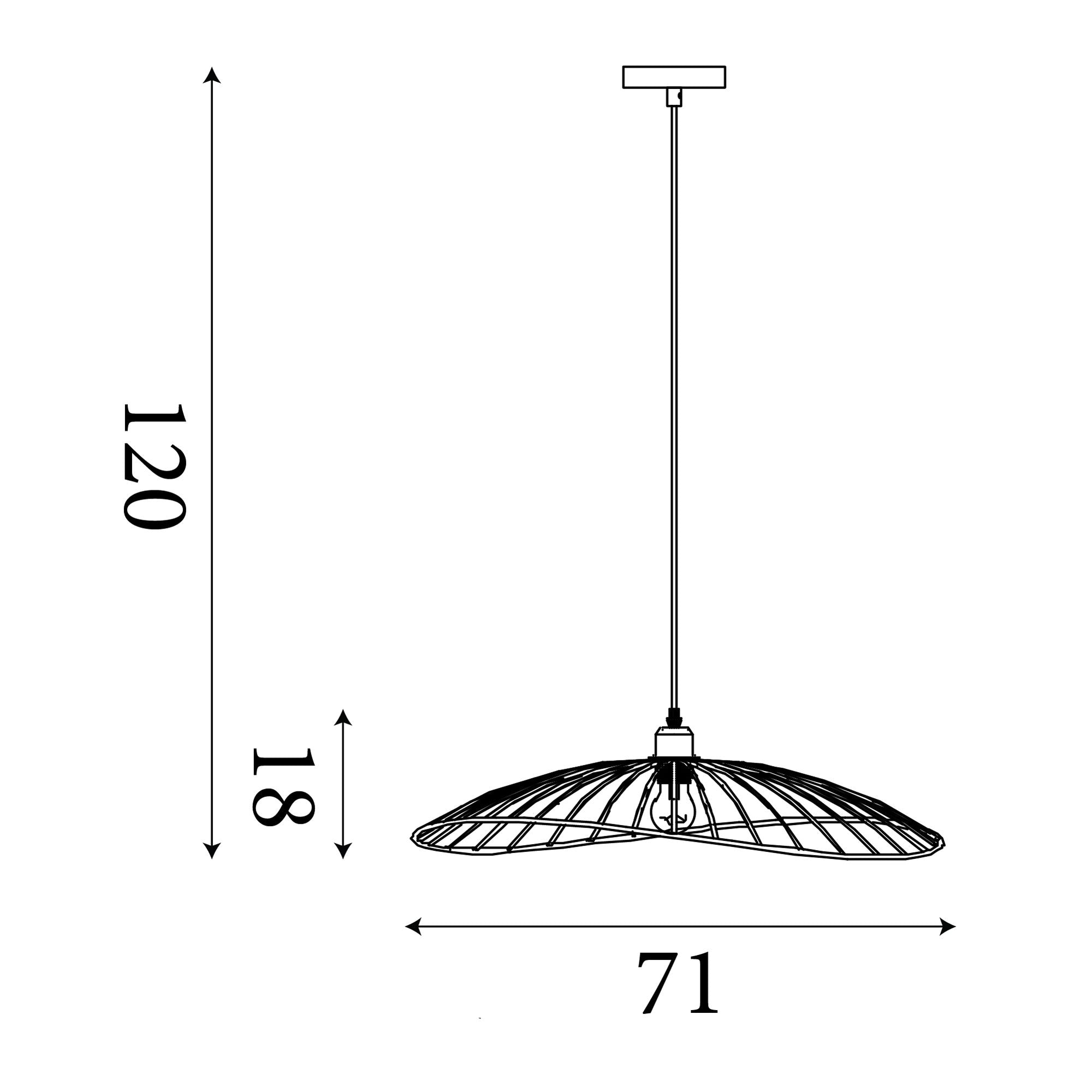 Technical dimension drawing of the Wave pendant showing 120cm drop, 71cm shade width and 18cm depth