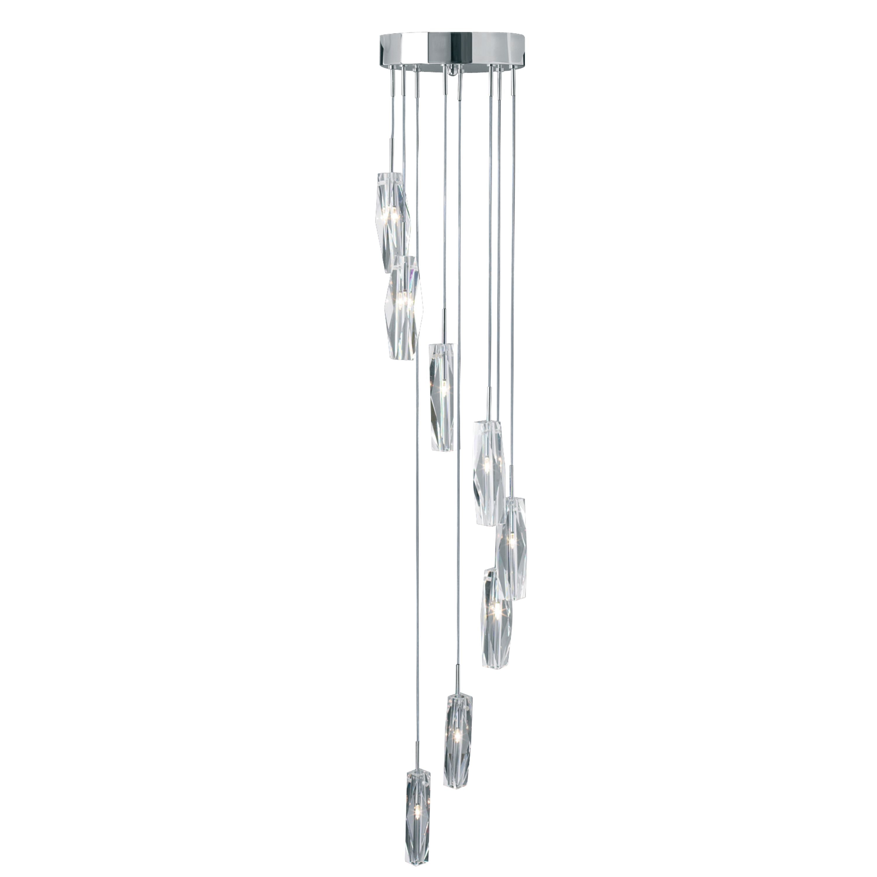 Searchlight Sculptured Ice Multi-Drop Pendant in chrome, full studio shot of the cascading spiral of eight faceted glass drops