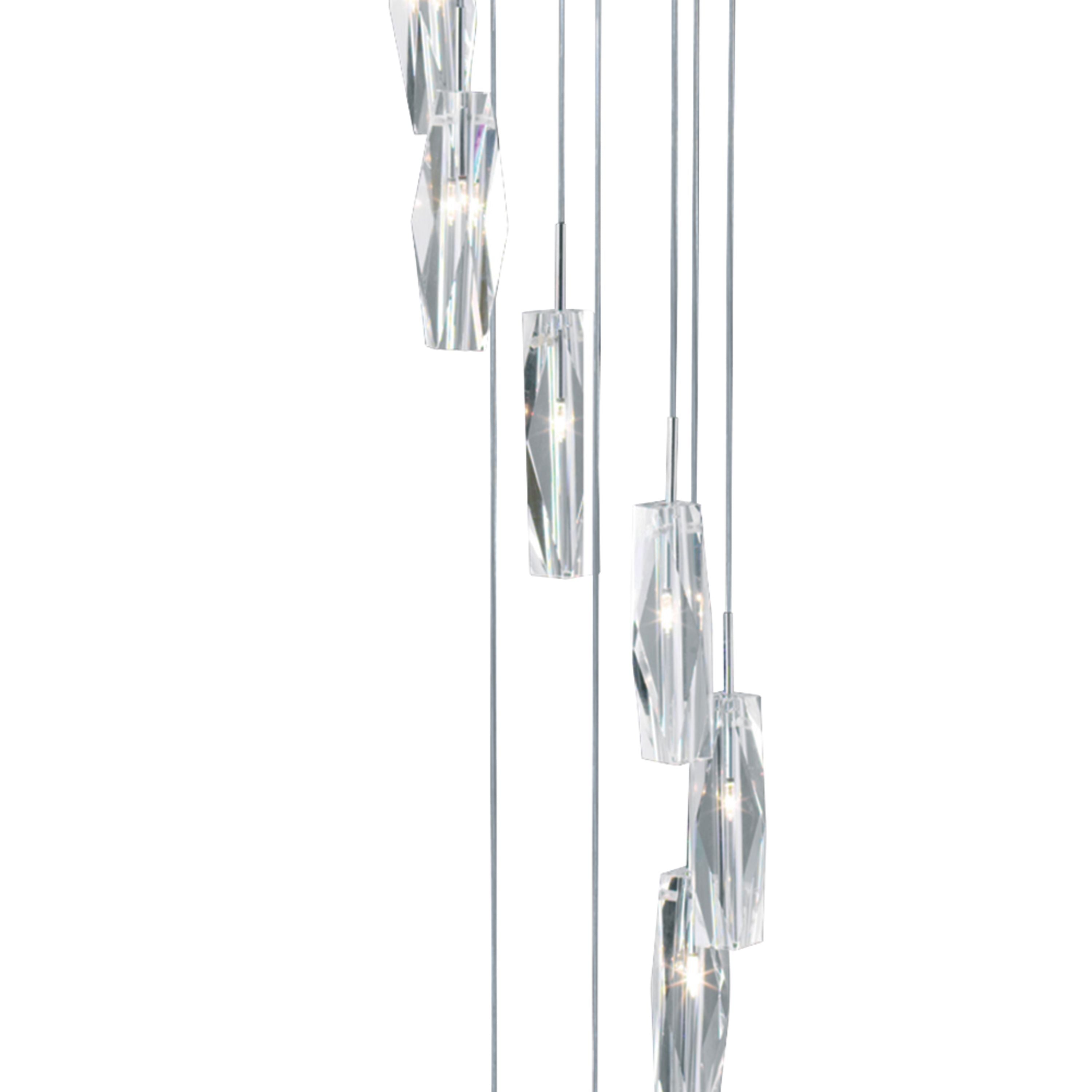 Close up of the faceted glass drops on the Sculptured Ice Multi-Drop Pendant, showing the cut glass detail and chrome cable runs