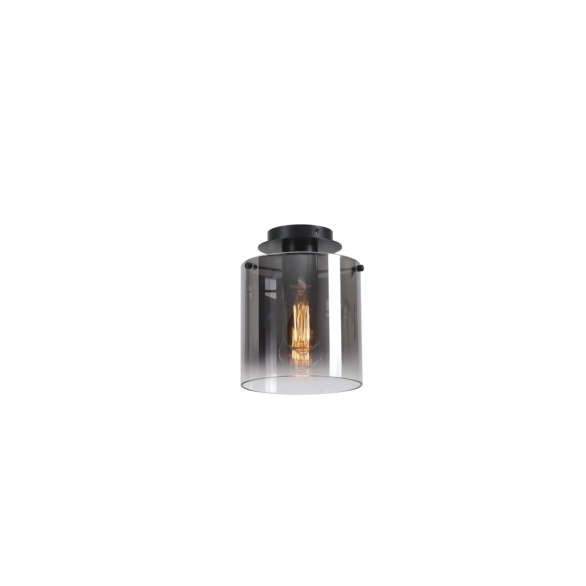 Searchlight Sweden 1 Light Flush in matt black with smoked glass, studio shot on a white background showing the cylindrical shade and exposed filament bulb