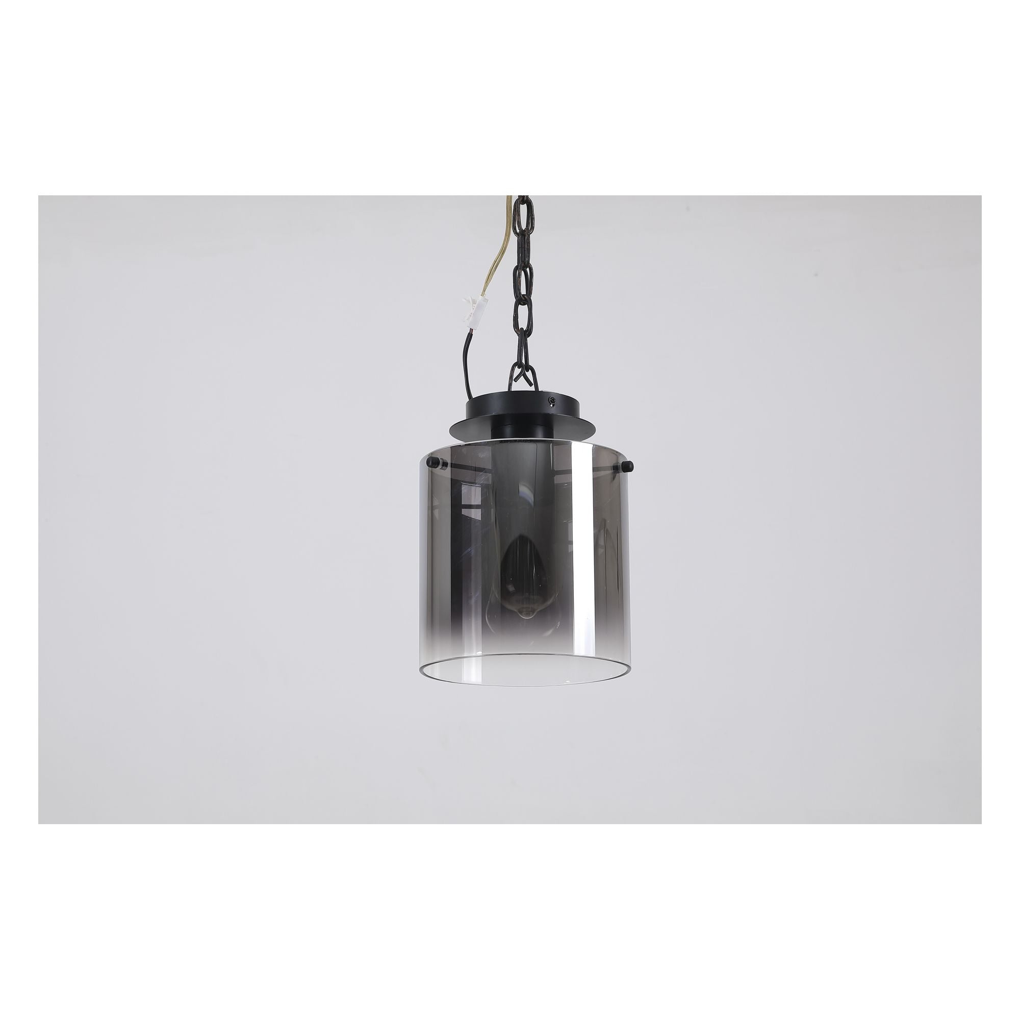 Searchlight Sweden 1 Light Flush in matt black with smoked glass, suspended on a chain for photography against a grey background