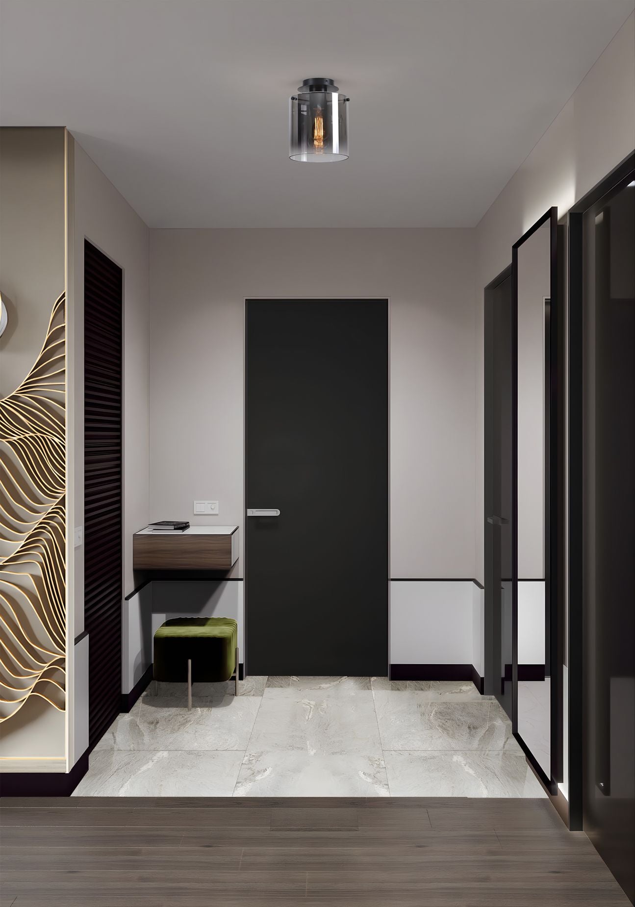 Searchlight Sweden 1 Light Flush in matt black with smoked glass, styled on a hallway ceiling with a dark door and marble effect flooring