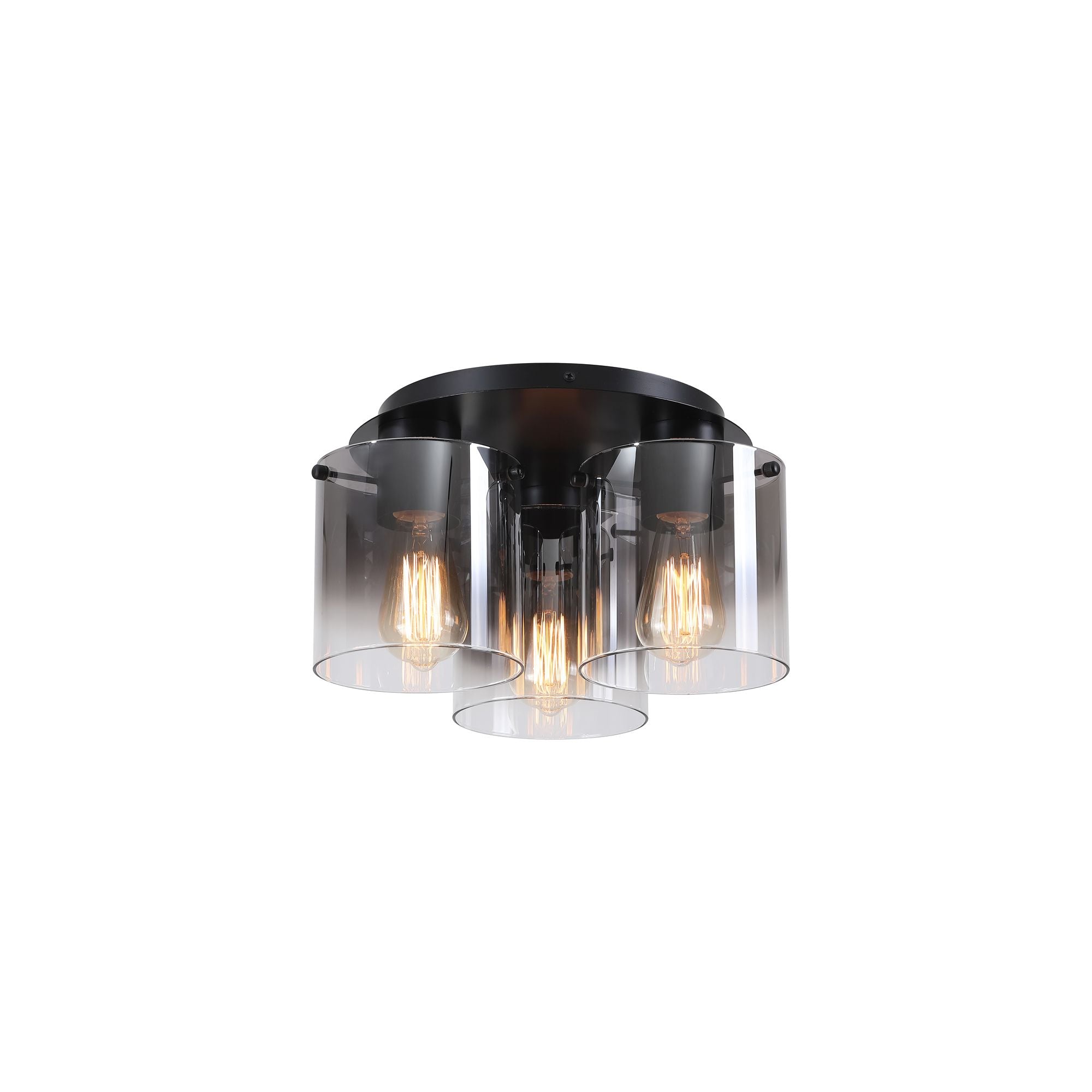 Searchlight Sweden 3 Light Flush in matt black with smoked glass, studio shot showing the three cylindrical shades and filament bulbs on a white background