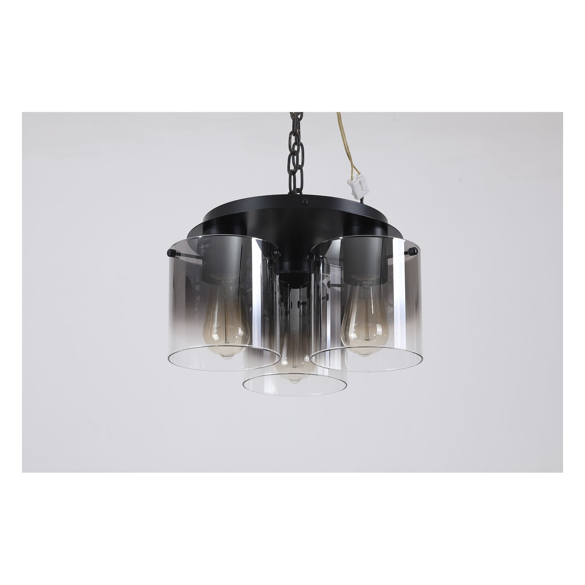 Searchlight Sweden 3 Light Flush in matt black with smoked glass, suspended on a chain for photography against a grey background