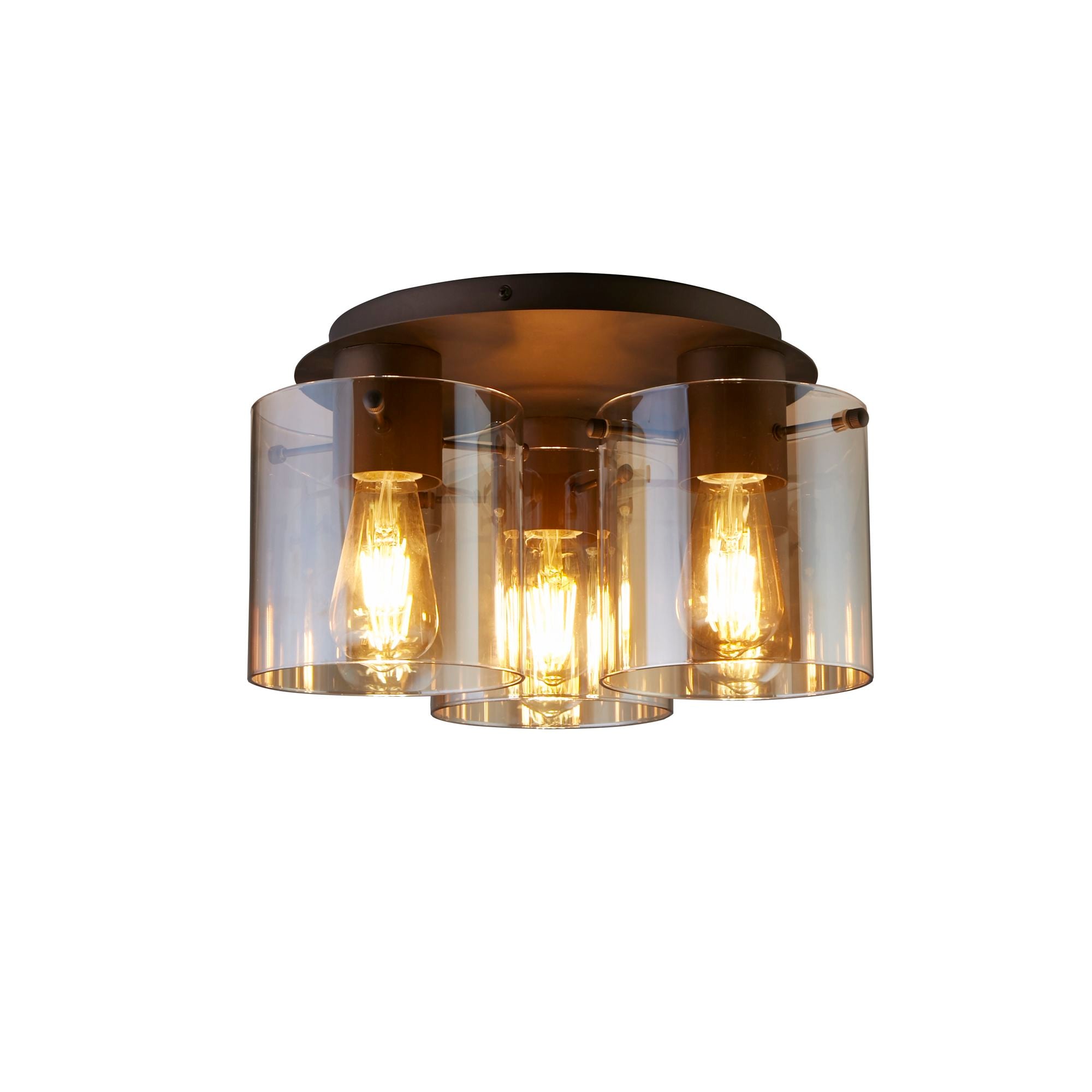 Searchlight Sweden 3 Light Flush in mocha metal with amber glass, studio shot showing the three cylindrical amber shades and filament bulbs on a white background