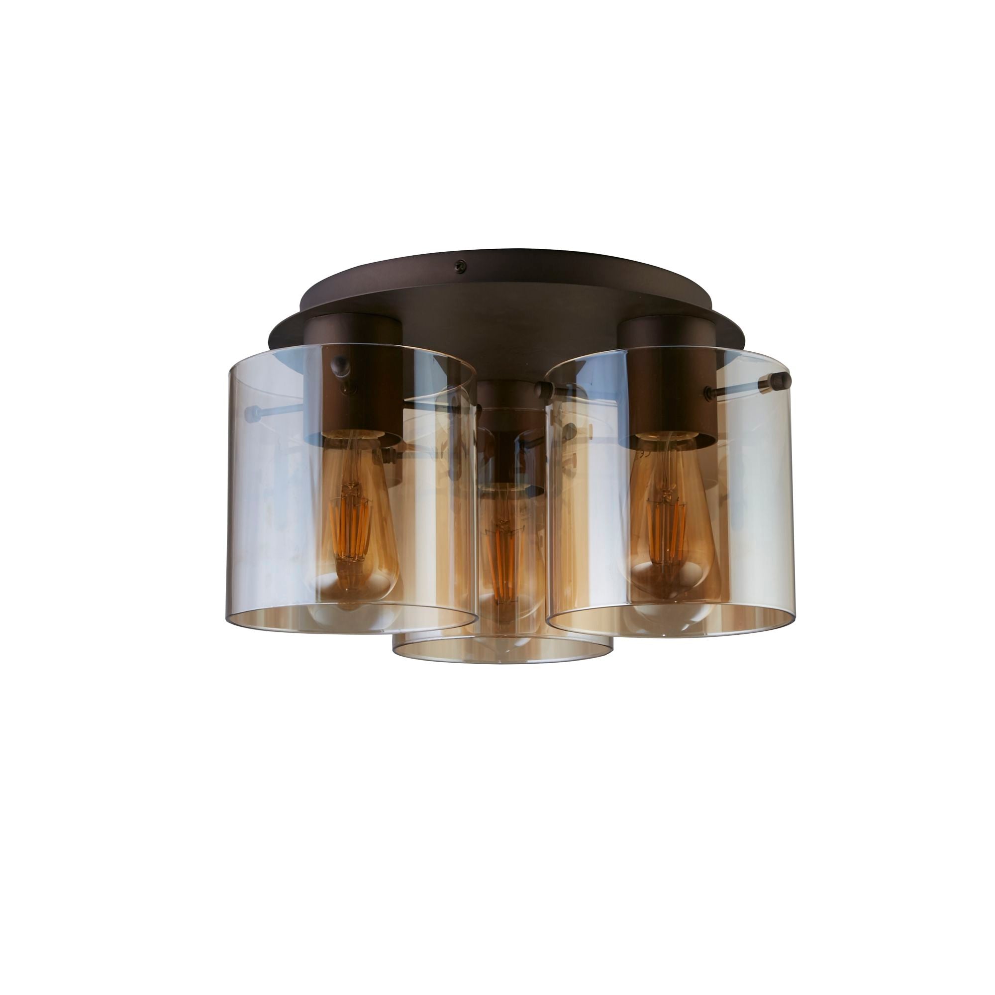 Searchlight Sweden 3 Light Flush in mocha metal with amber glass, alternate studio angle on a white background