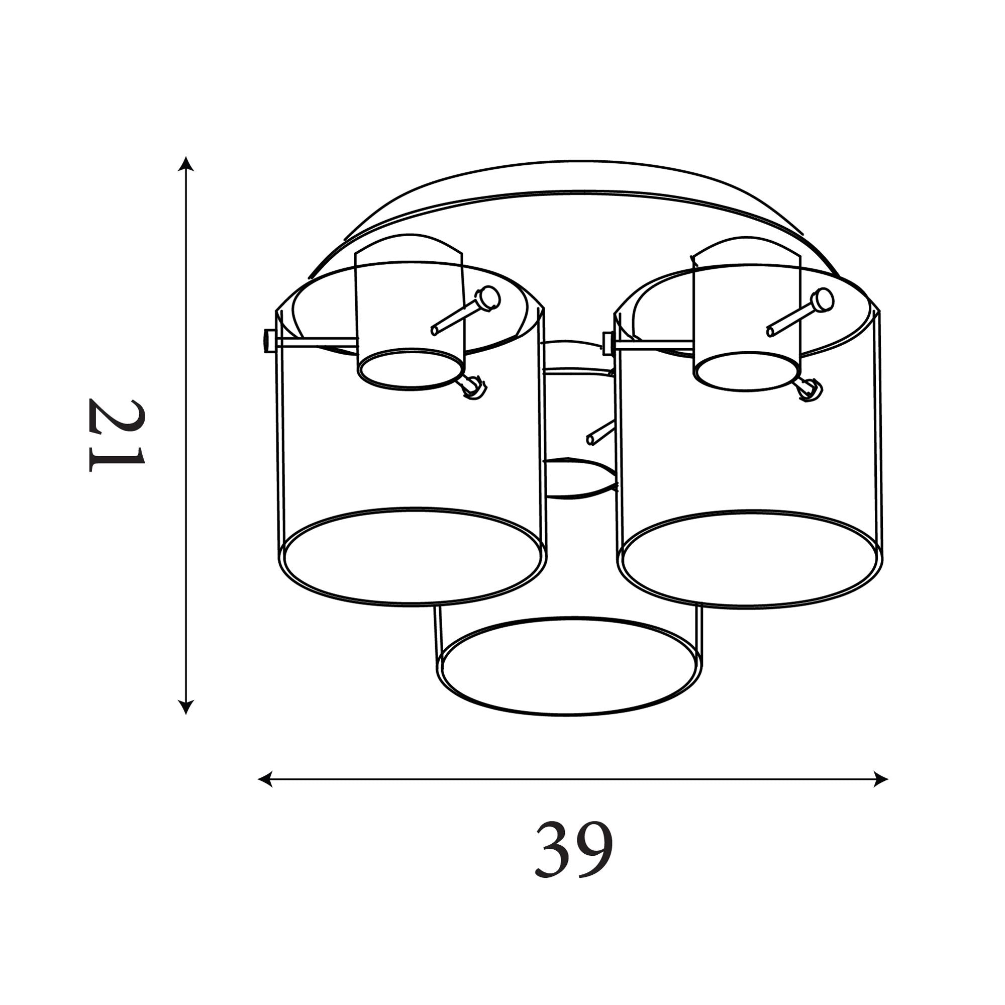 Technical line drawing of the Searchlight Sweden 3 Light Flush showing dimensions of 21cm height and 39cm width