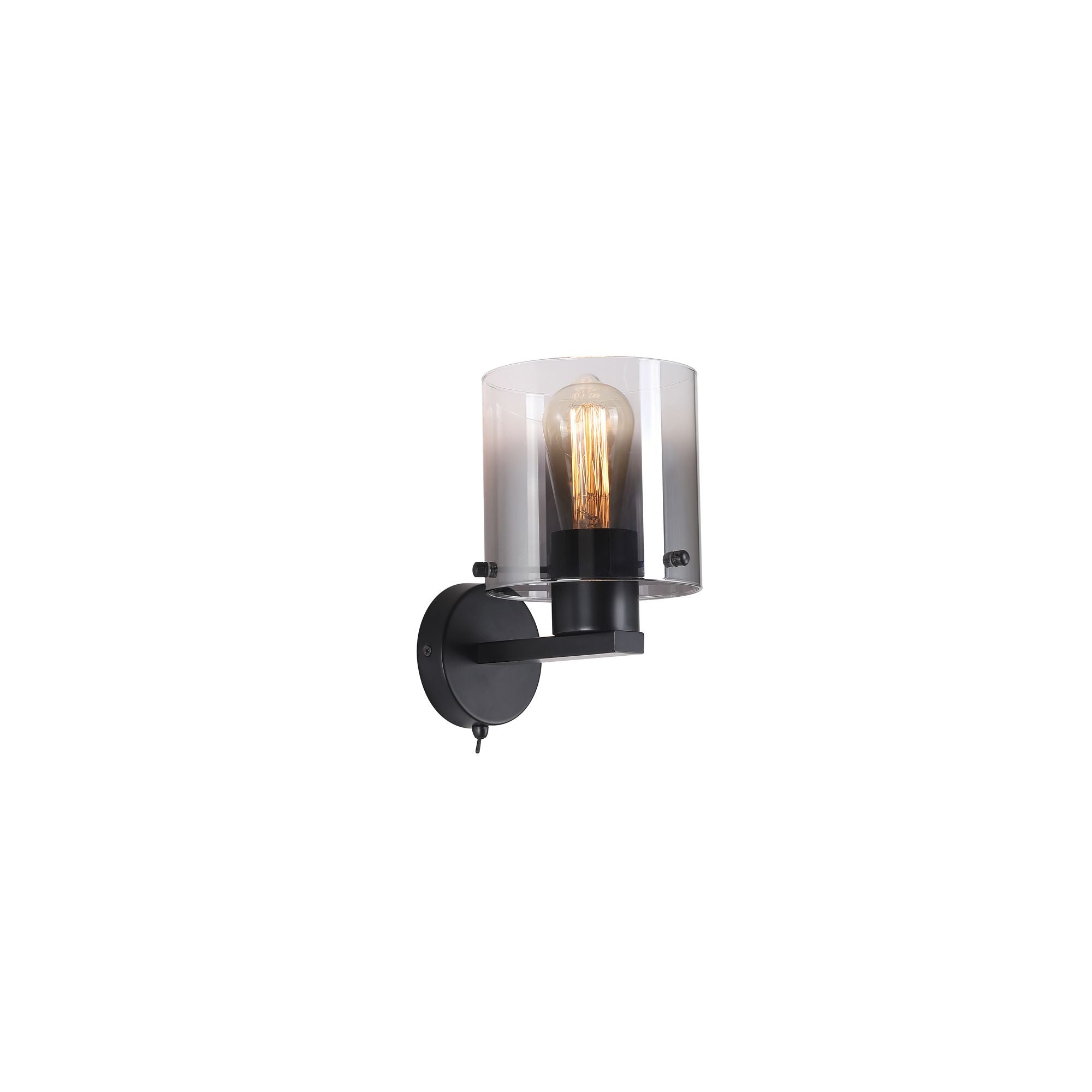 Searchlight Sweden 1 Light Wall Light in matt black with smoked glass, studio shot showing the arm bracket, shade and pull cord switch on the base plate