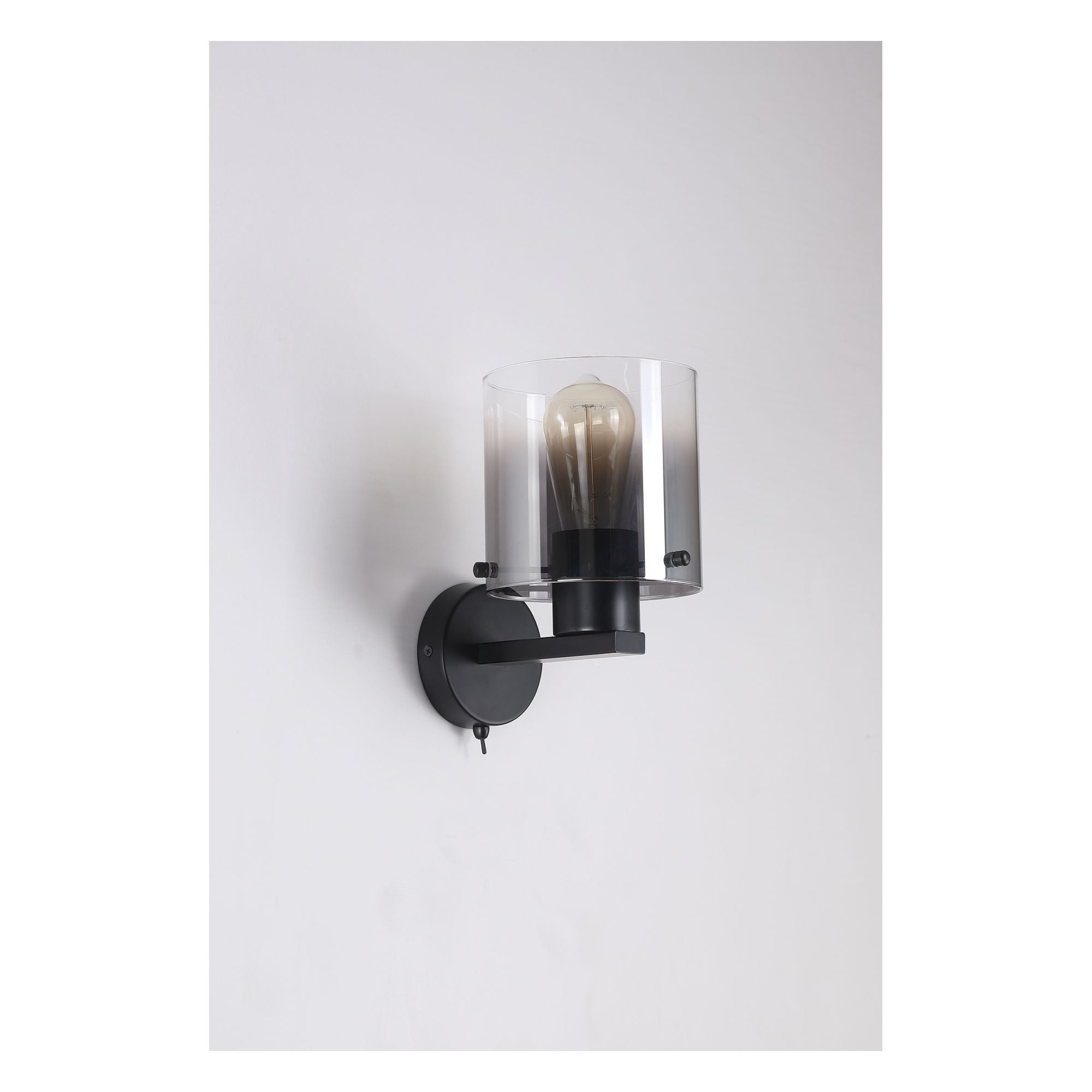 Searchlight Sweden 1 Light Wall Light in matt black with smoked glass, full studio shot mounted on a plain wall background