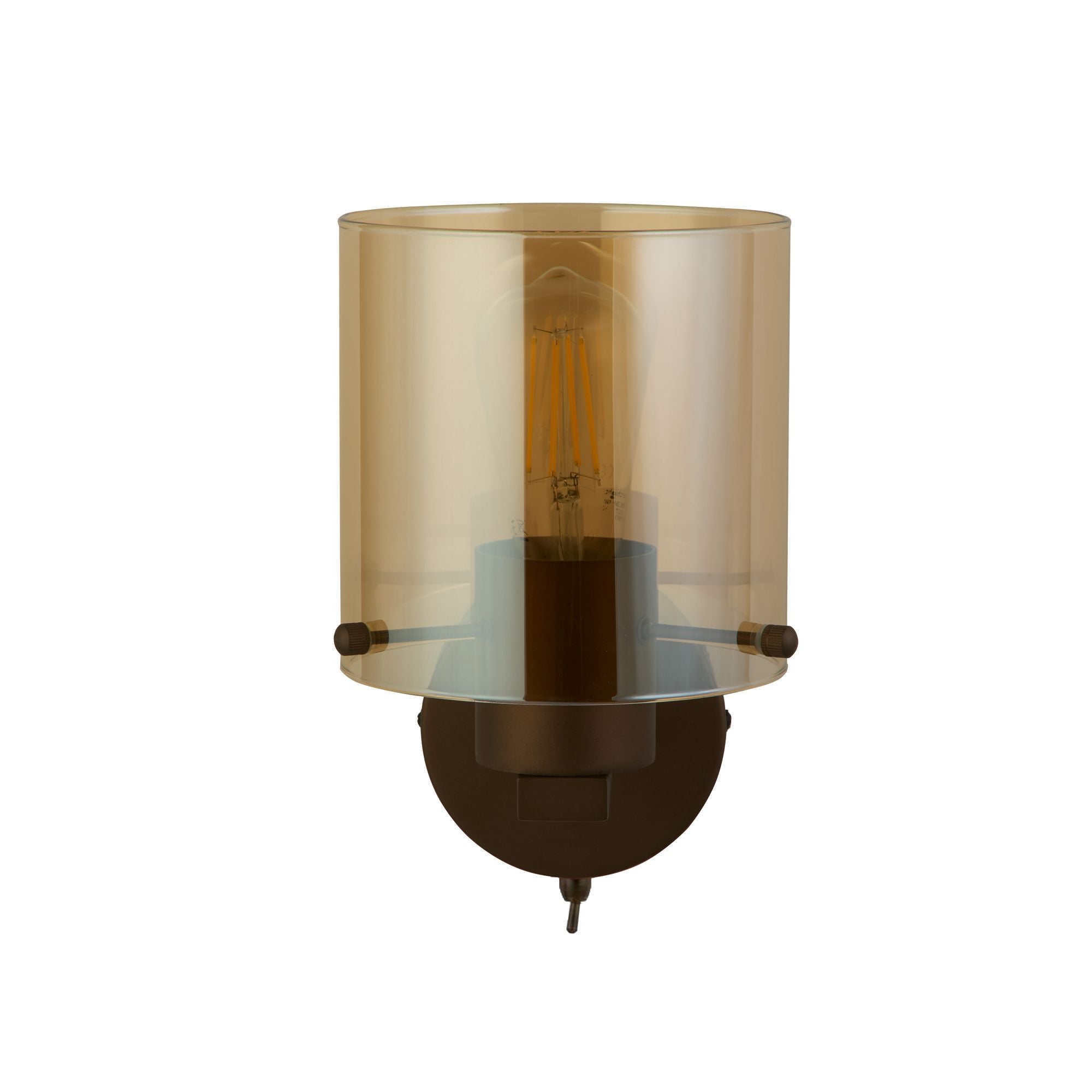 Searchlight Sweden 1 Light Wall Light in mocha metal and amber glass, straight on studio shot showing the lit filament bulb through the glass