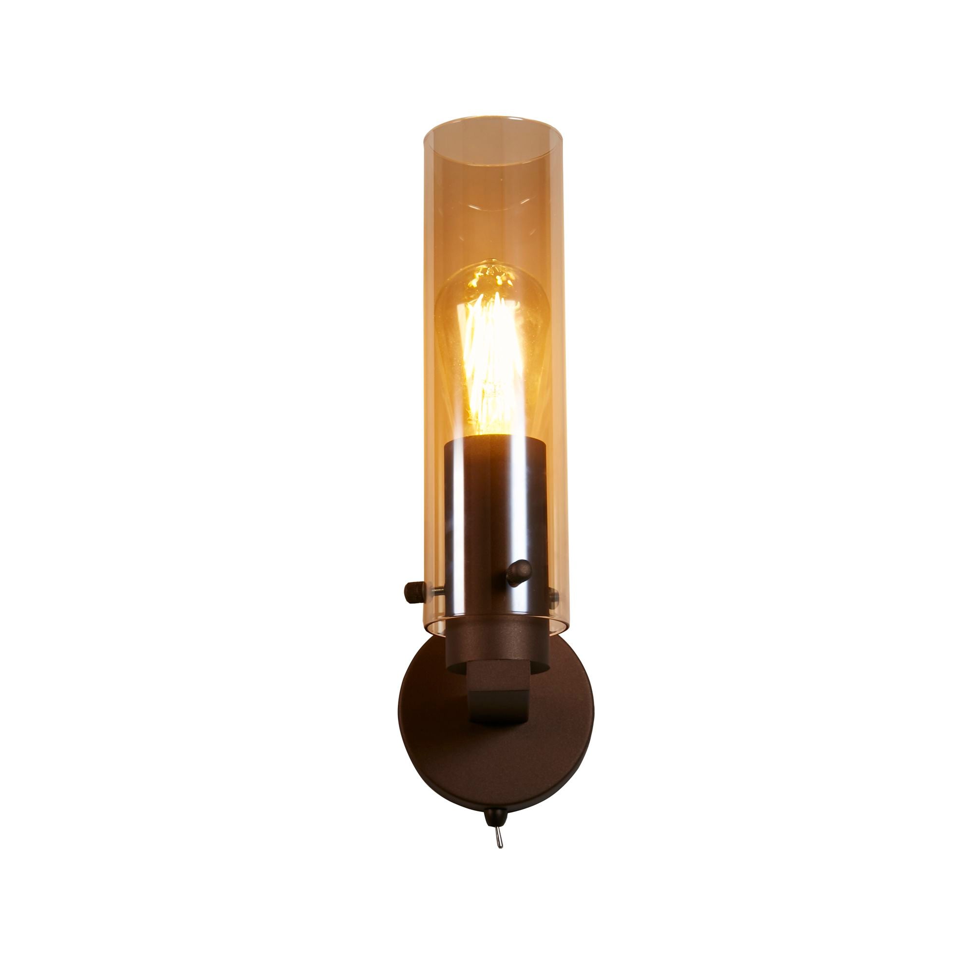 Searchlight Sweden II 1 light wall light in mocha metal, front view with amber glass shade lit
