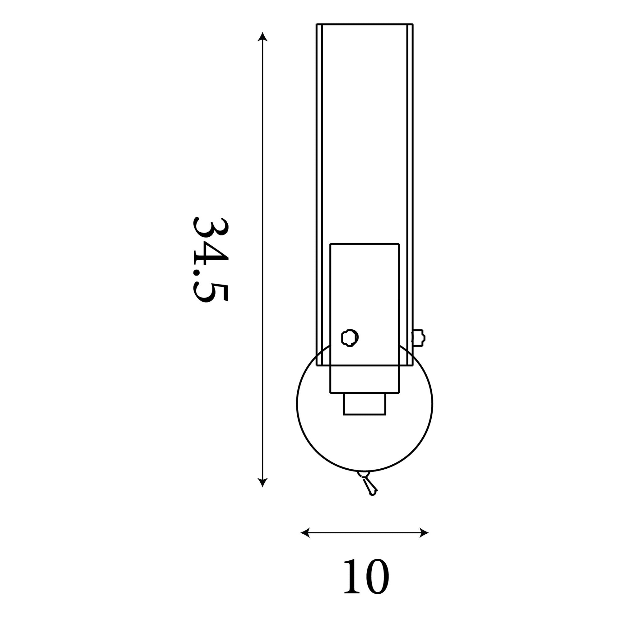 Technical line drawing of the Searchlight Sweden II 1 light wall light showing 34.5cm height and 10cm width