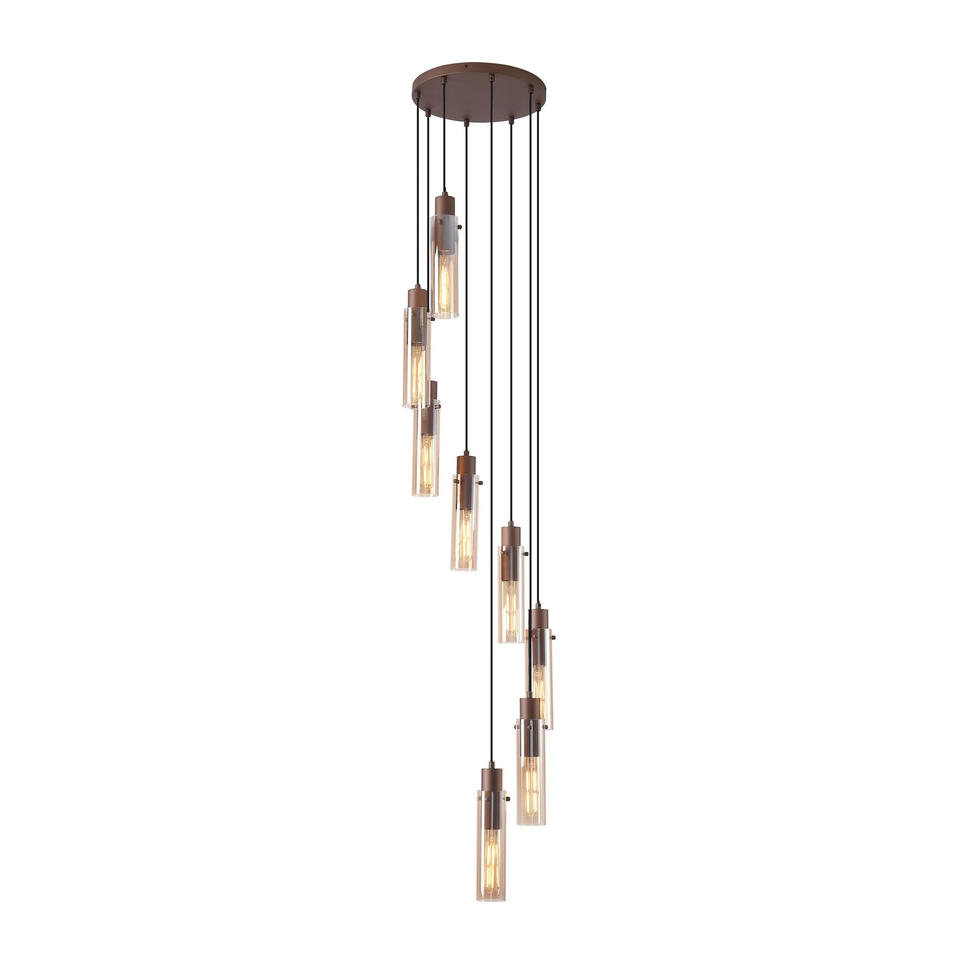 Searchlight Sweden II 8 light multi drop pendant in mocha metal, full cluster at staggered heights, lit