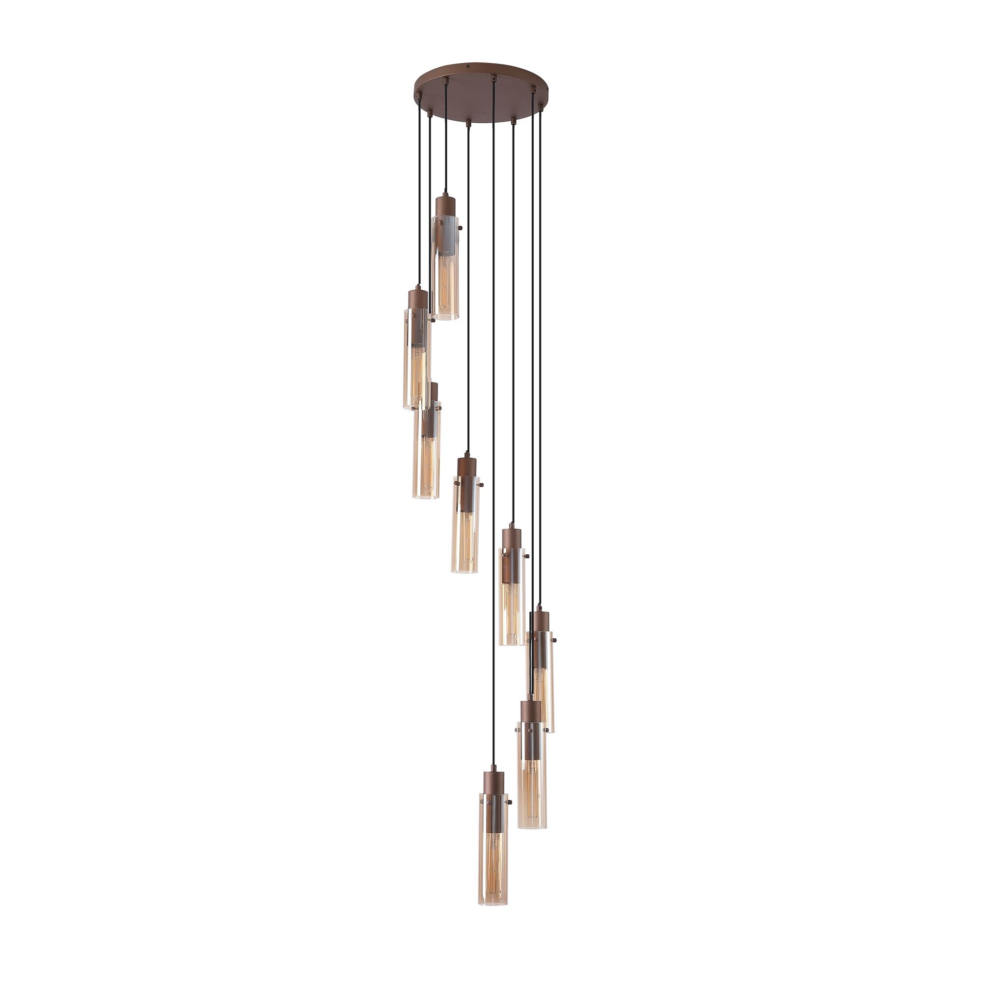 Searchlight Sweden II 8 light multi drop pendant in mocha metal, alternate angle of the staggered amber glass shades