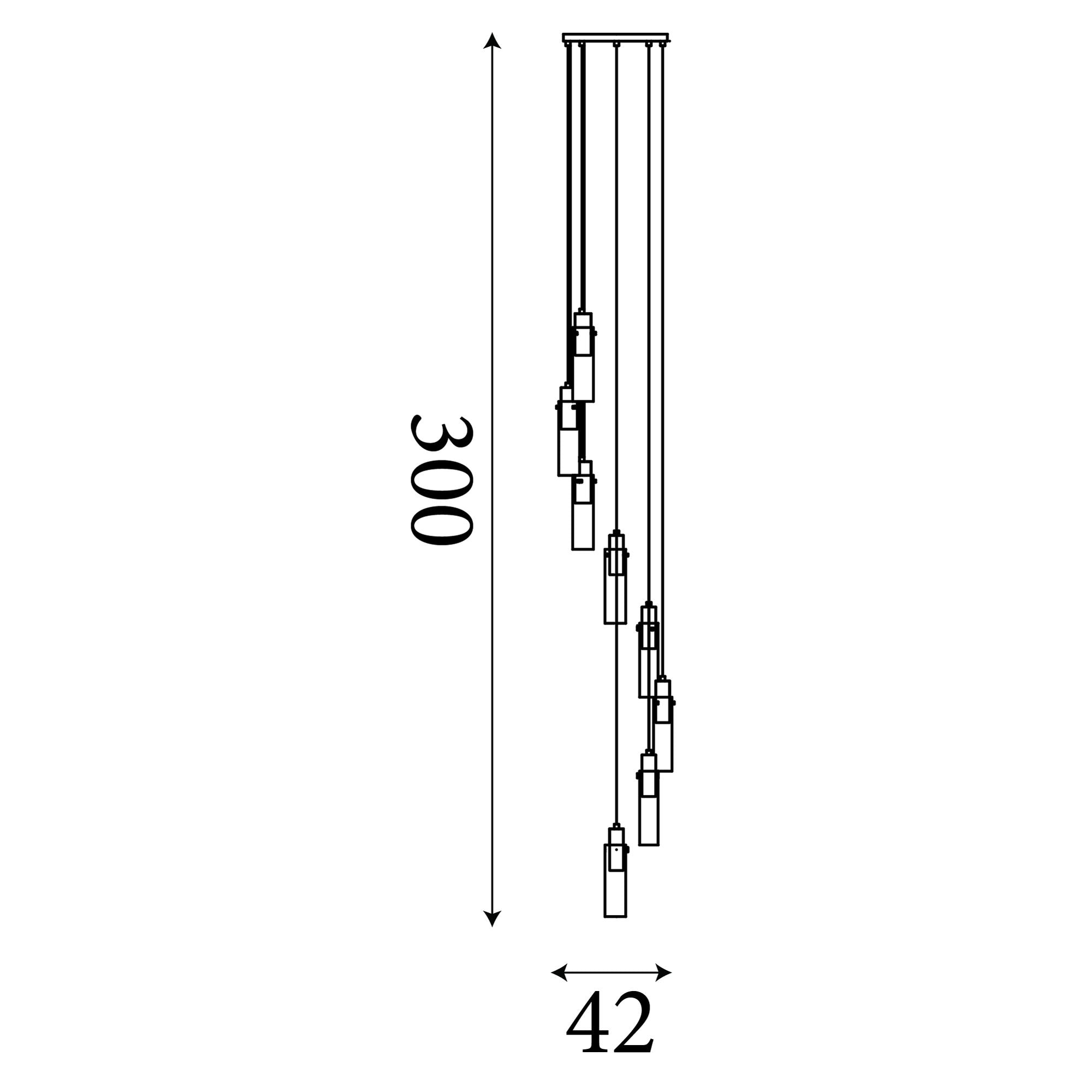 Technical line drawing of the Searchlight Sweden II 8 light multi drop pendant showing 300cm drop and 42cm spread