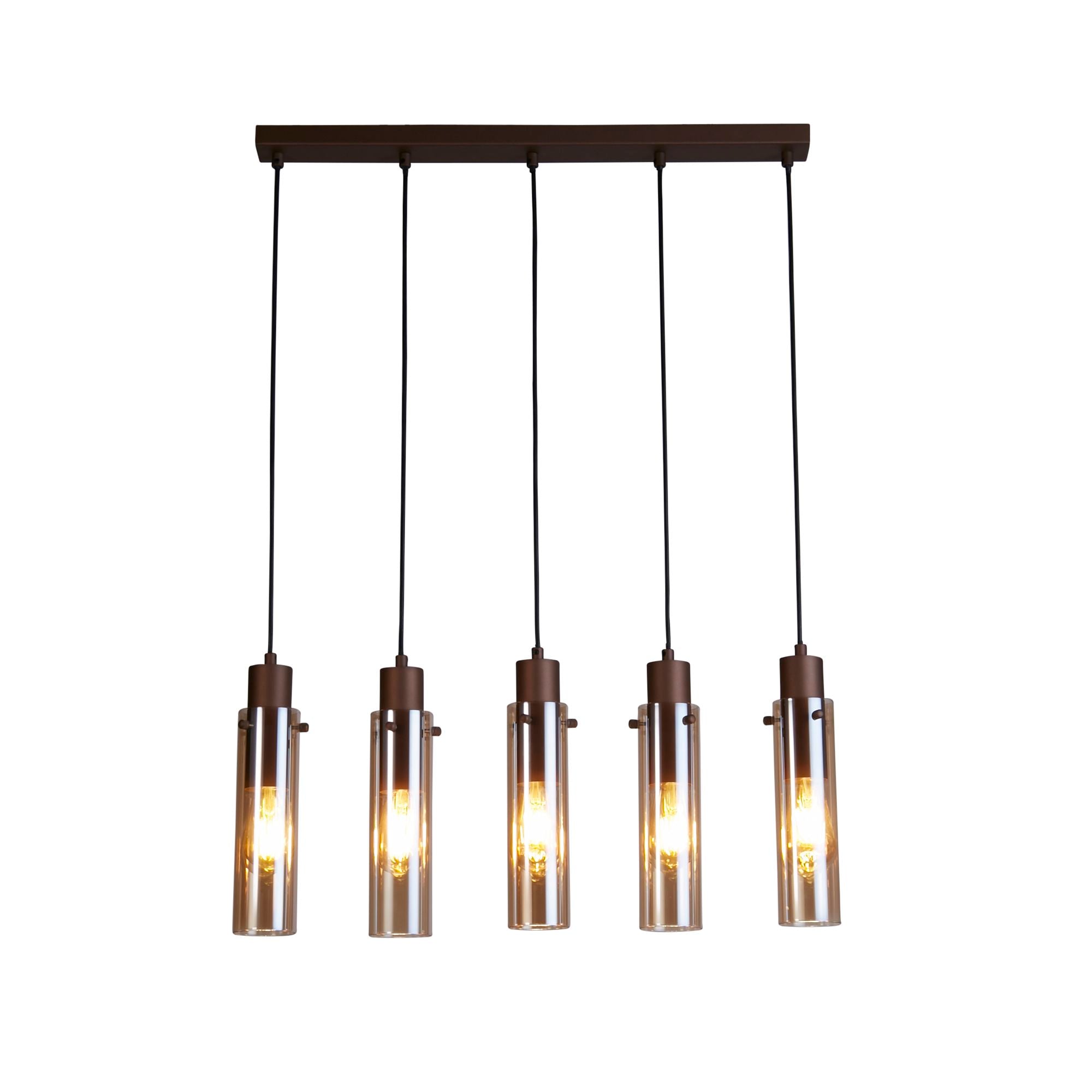 Searchlight Sweden II 5 Light Bar Pendant in mocha metal with amber glass tube shades, studio shot on a white background