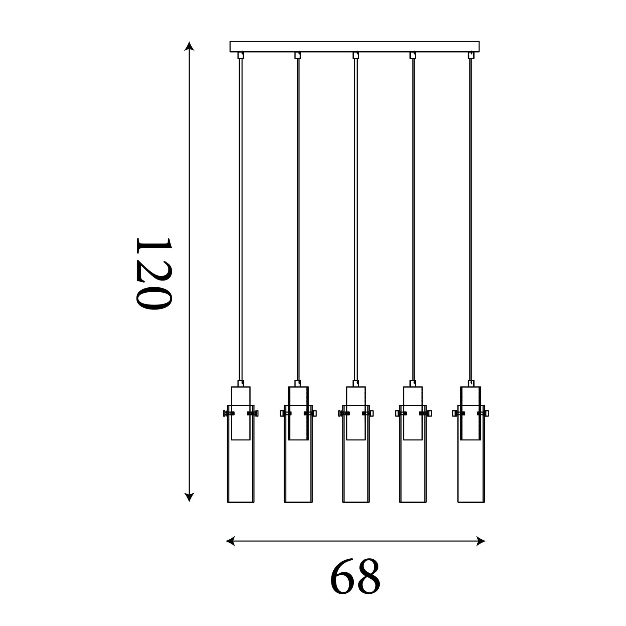 Line drawing of the Searchlight Sweden II 5 Light Bar Pendant showing a width of 68cm and a maximum height of 120cm