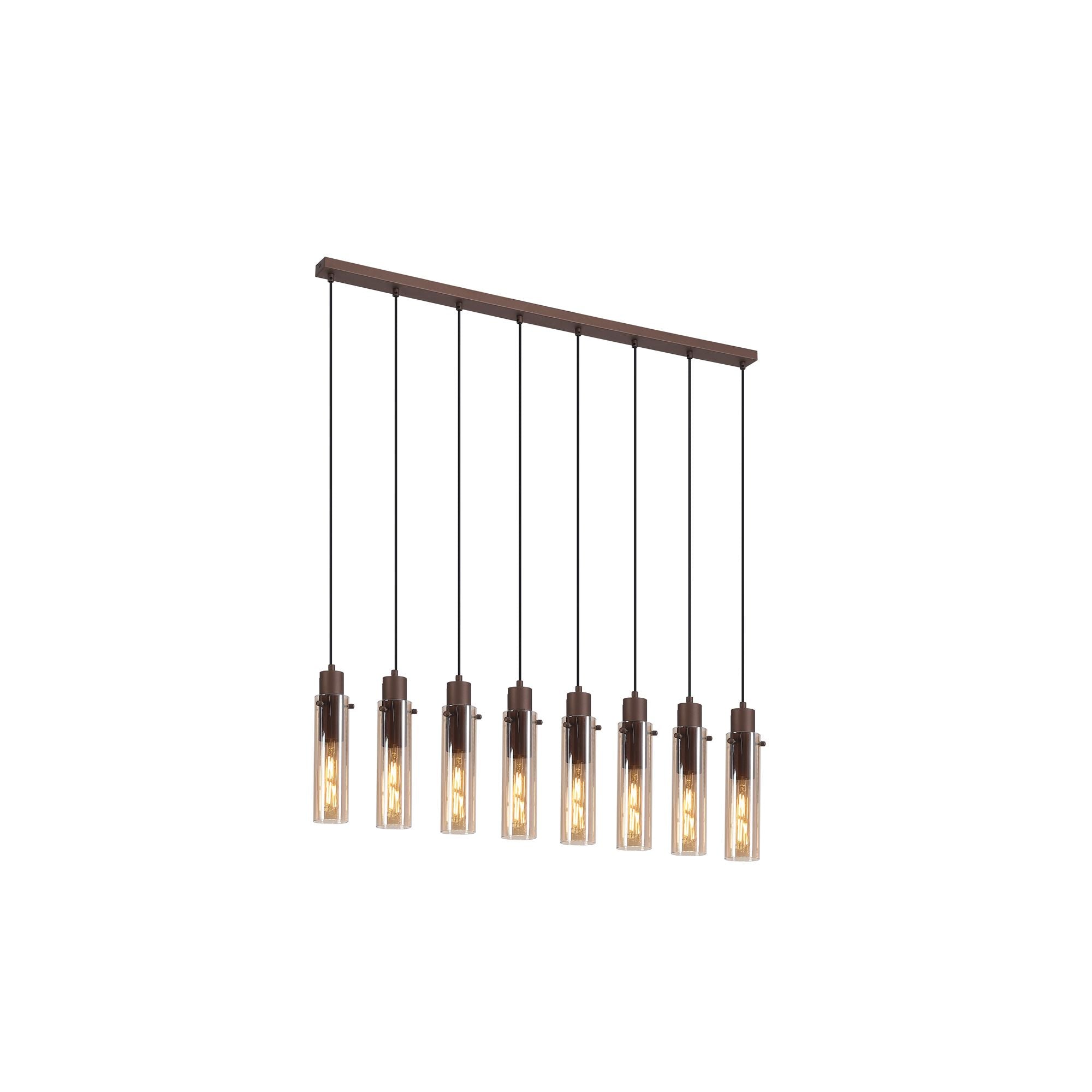Searchlight Sweden II 8 light bar pendant in mocha metal, front view showing amber glass shades in a row, lit