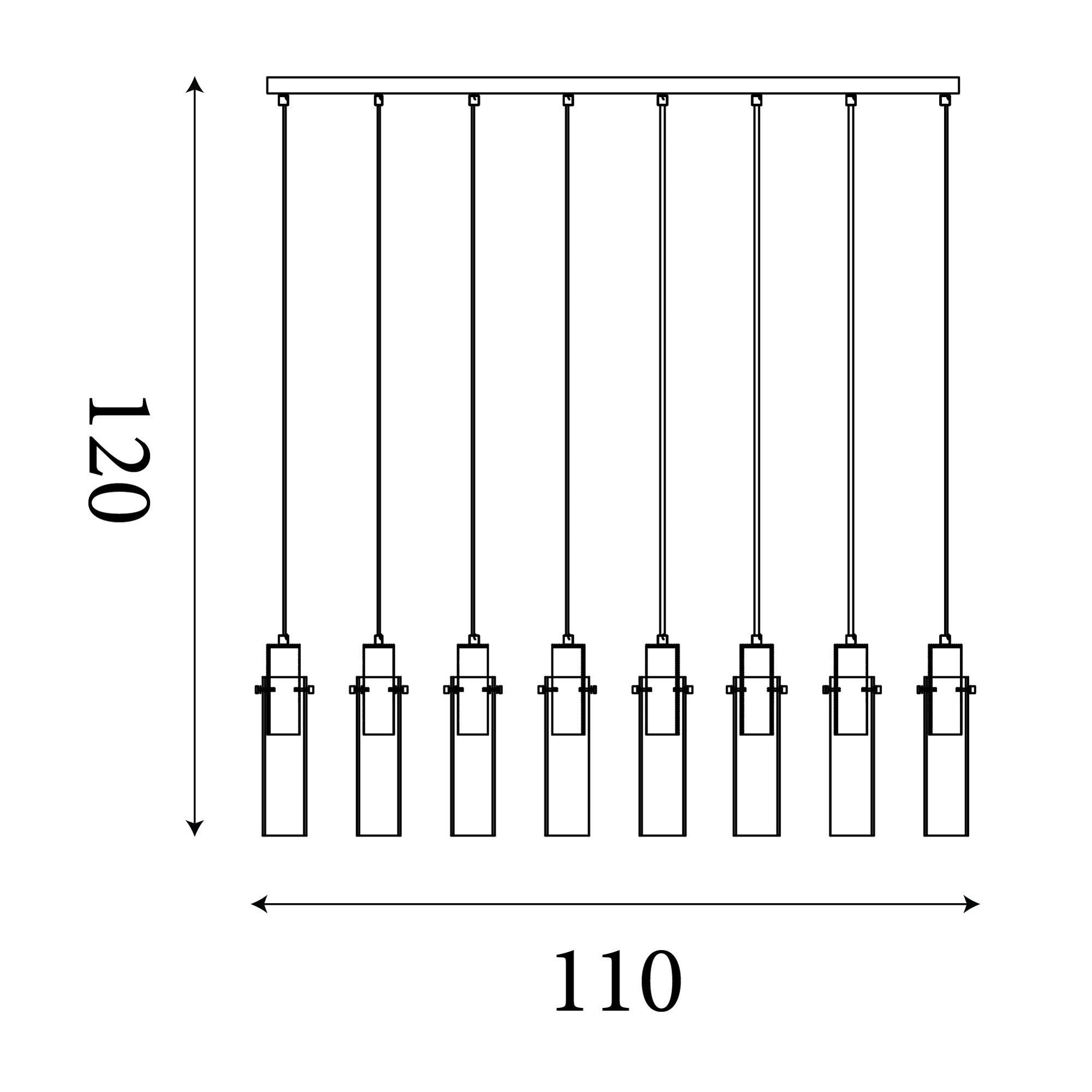 Technical line drawing of the Searchlight Sweden II 8 light bar pendant showing 110cm bar length and 120cm maximum height