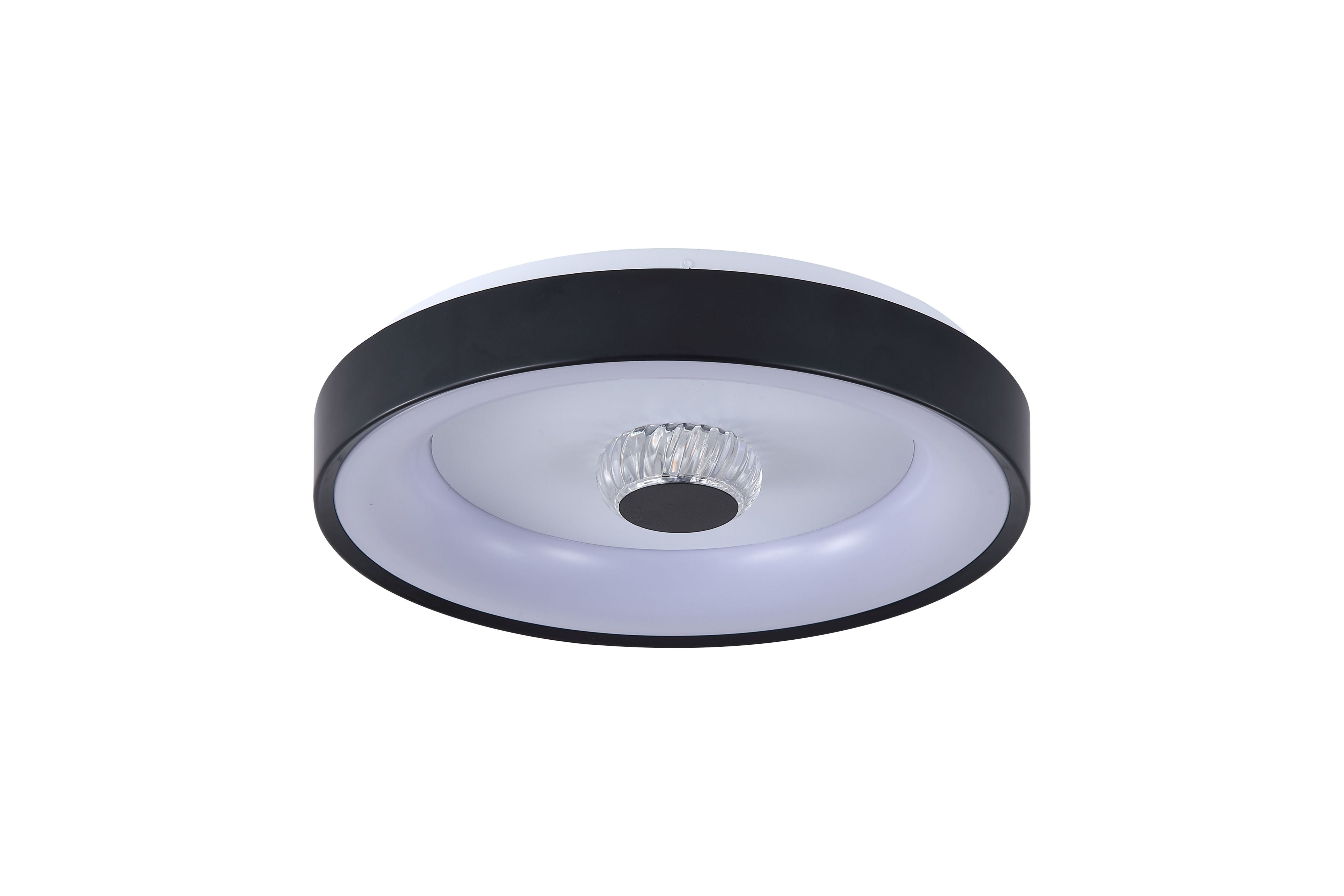 Searchlight Polka LED Flush ceiling light in matt black, front on view showing the black outer band and glowing white ring with crystal centre on a plain white background