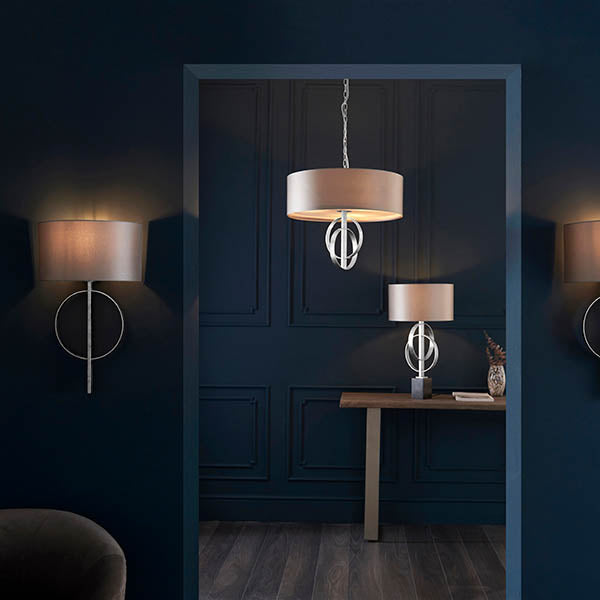 Utopia Interlink 3 Light Pendant - Antique Silver Leaf With Mink Shade - 60cm Diameter