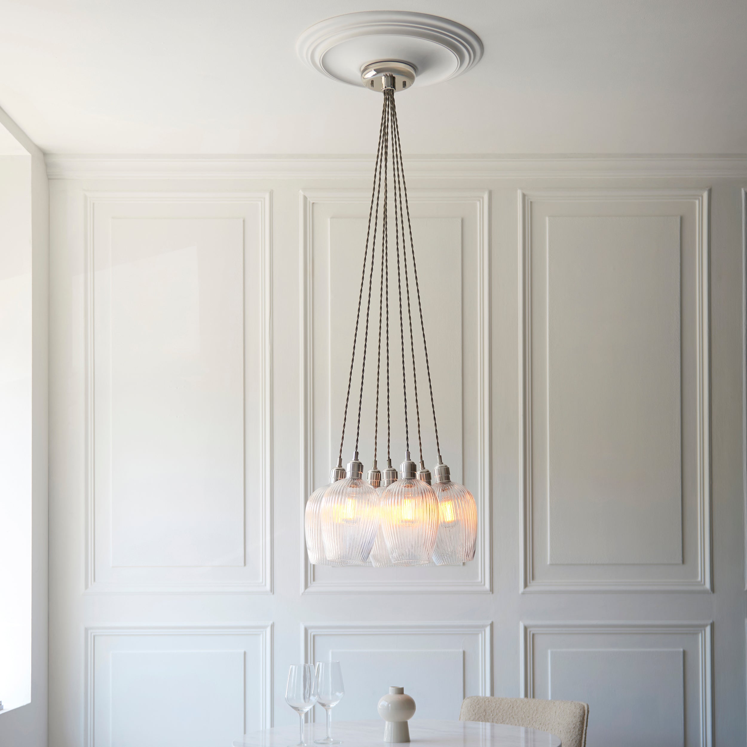 Utopia Finesse 7 Light Cluster Ceiling Pendant - Bright Nickel & Clear Ribbed Glass