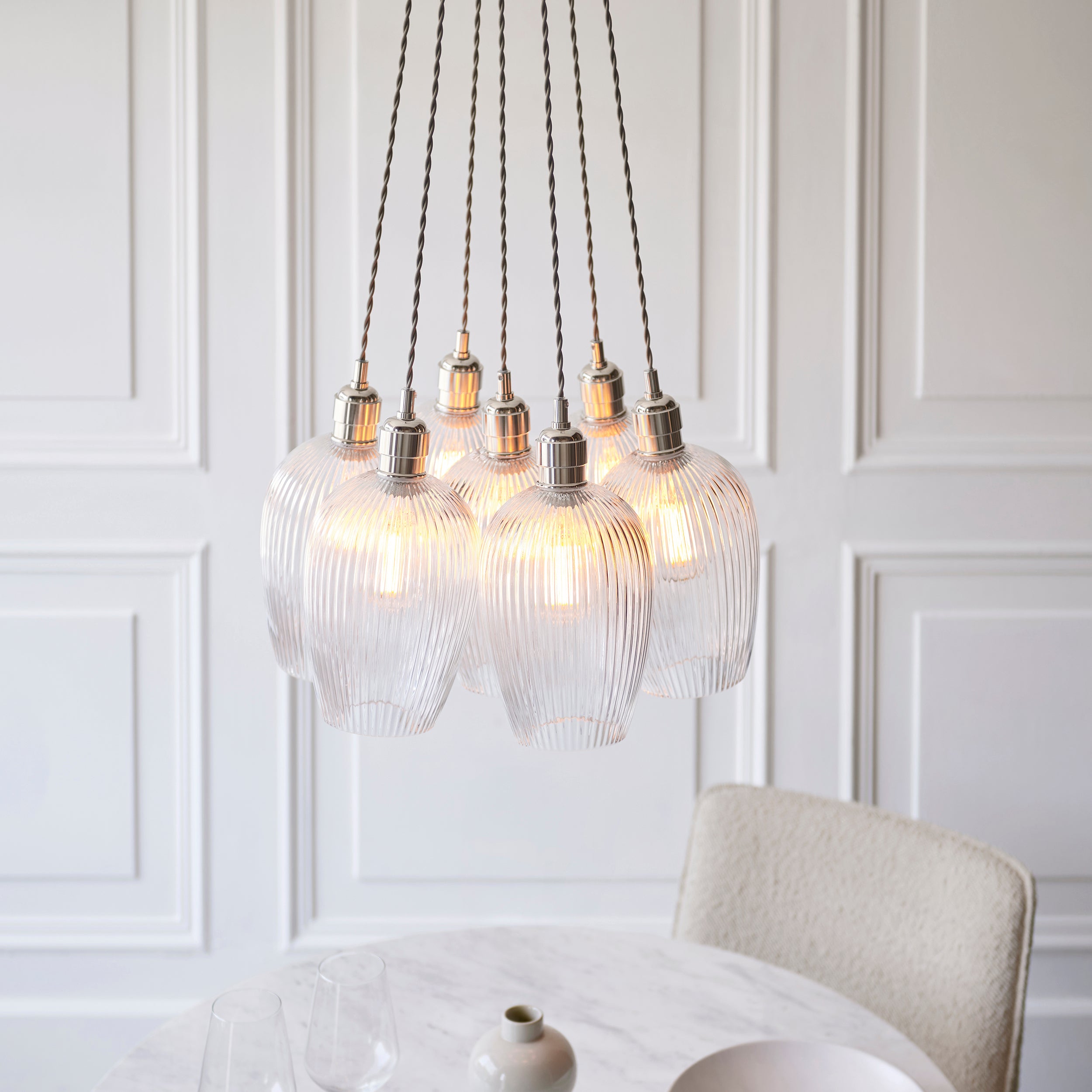 Utopia Finesse 7 Light Cluster Ceiling Pendant - Bright Nickel & Clear Ribbed Glass