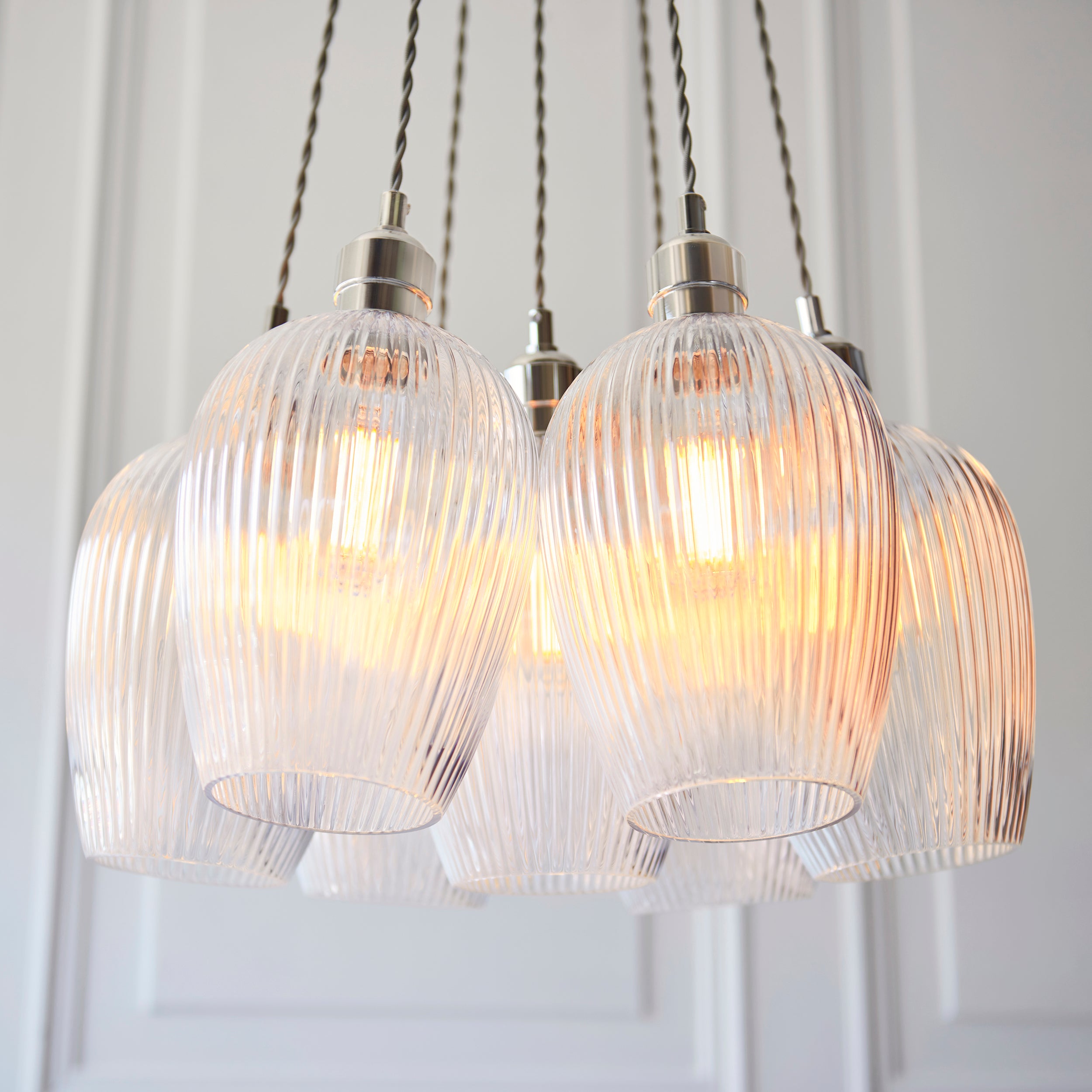 Utopia Finesse 7 Light Cluster Ceiling Pendant - Bright Nickel & Clear Ribbed Glass