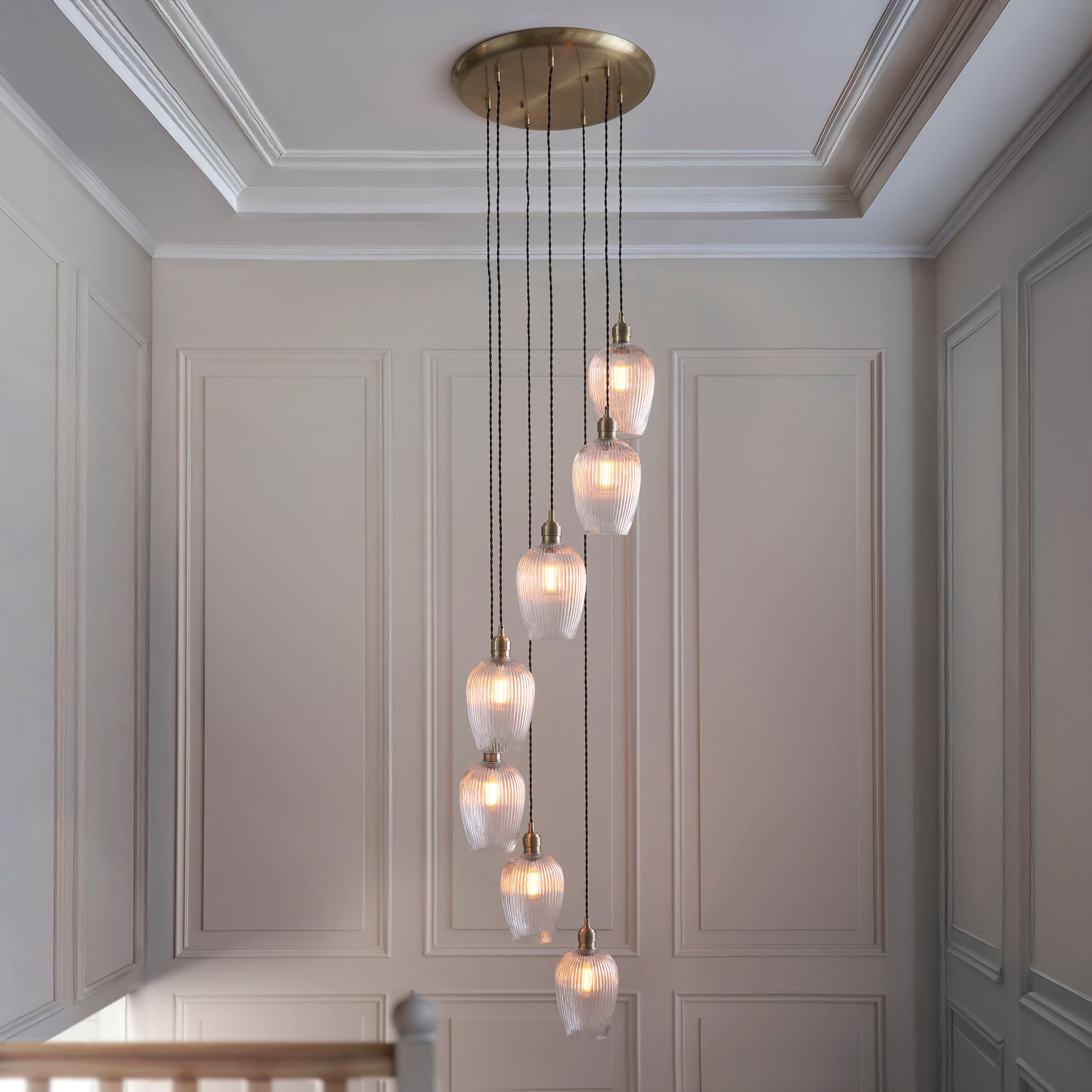 Utopia Finesse 7 Light Cascade Ceiling Pendant - Antique Brass & Clear Ribbed Glass