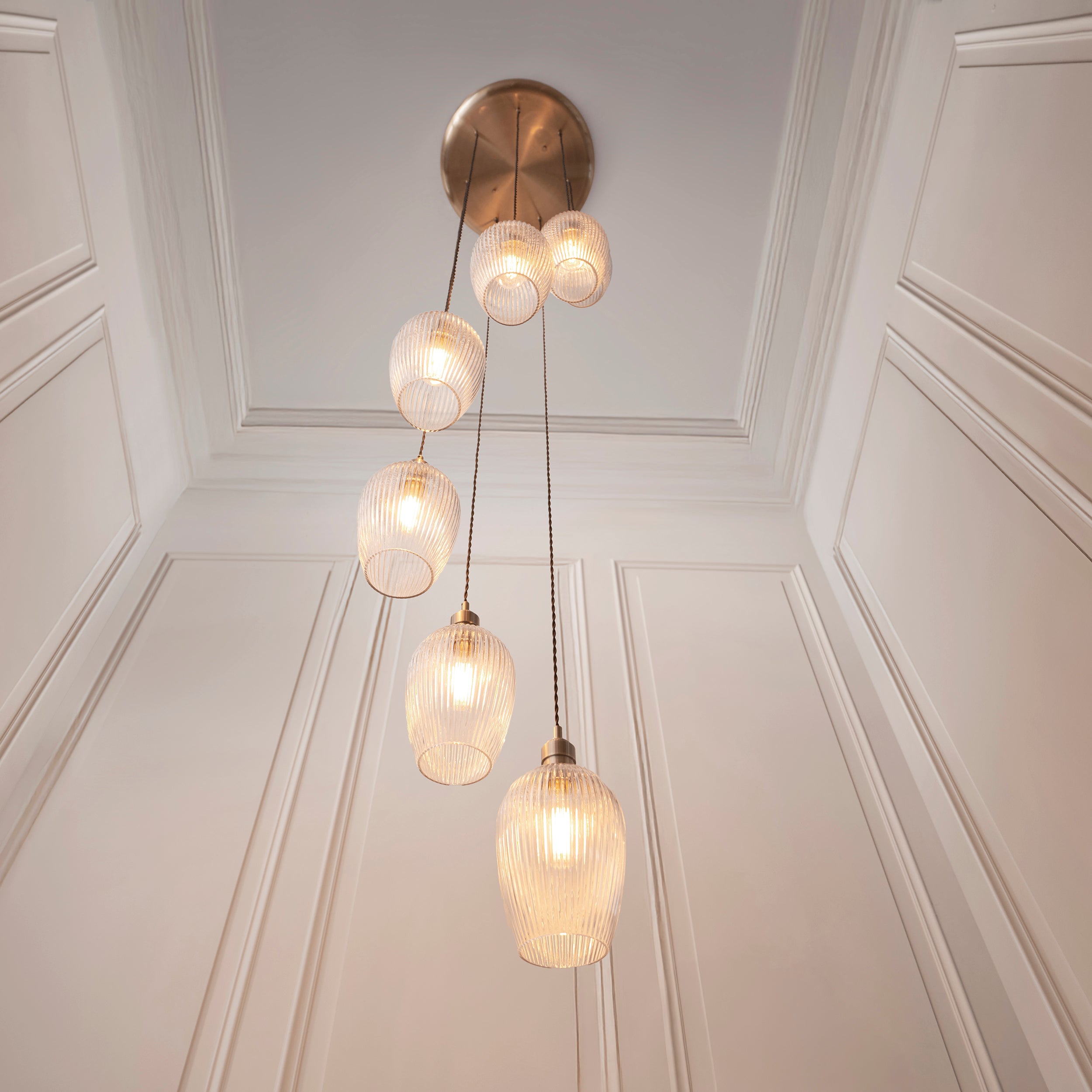 Utopia Finesse 7 Light Cascade Ceiling Pendant - Antique Brass & Clear Ribbed Glass