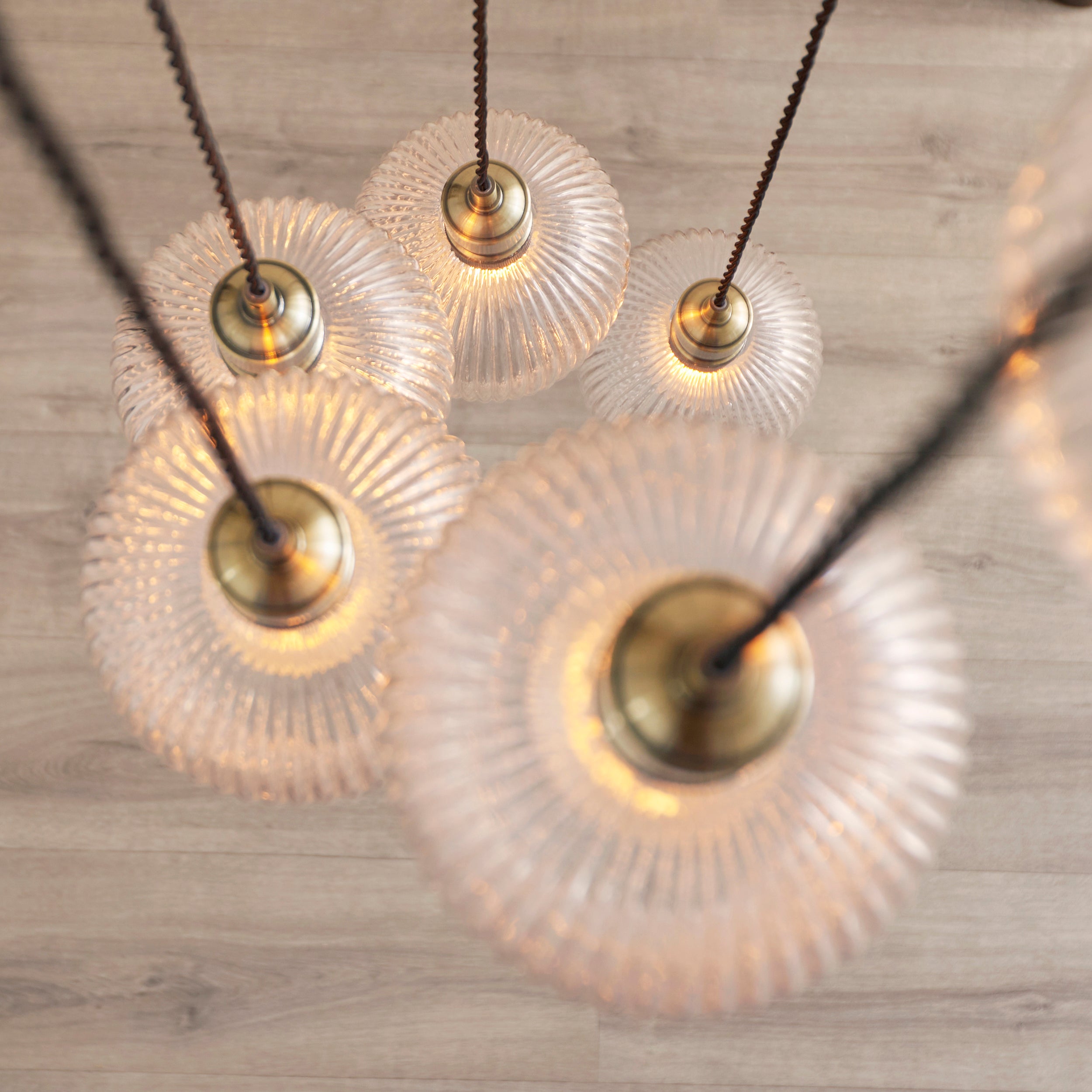 Utopia Finesse 7 Light Cascade Ceiling Pendant - Antique Brass & Clear Ribbed Glass