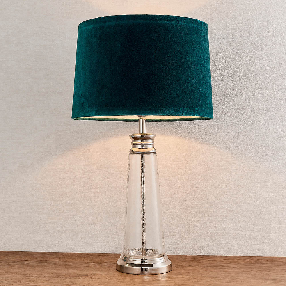 Endon Winslet Single Light Table Lamp - Clear Hammered Glass & Teal Velvet