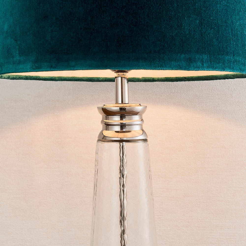 Endon Winslet Single Light Table Lamp - Clear Hammered Glass & Teal Velvet