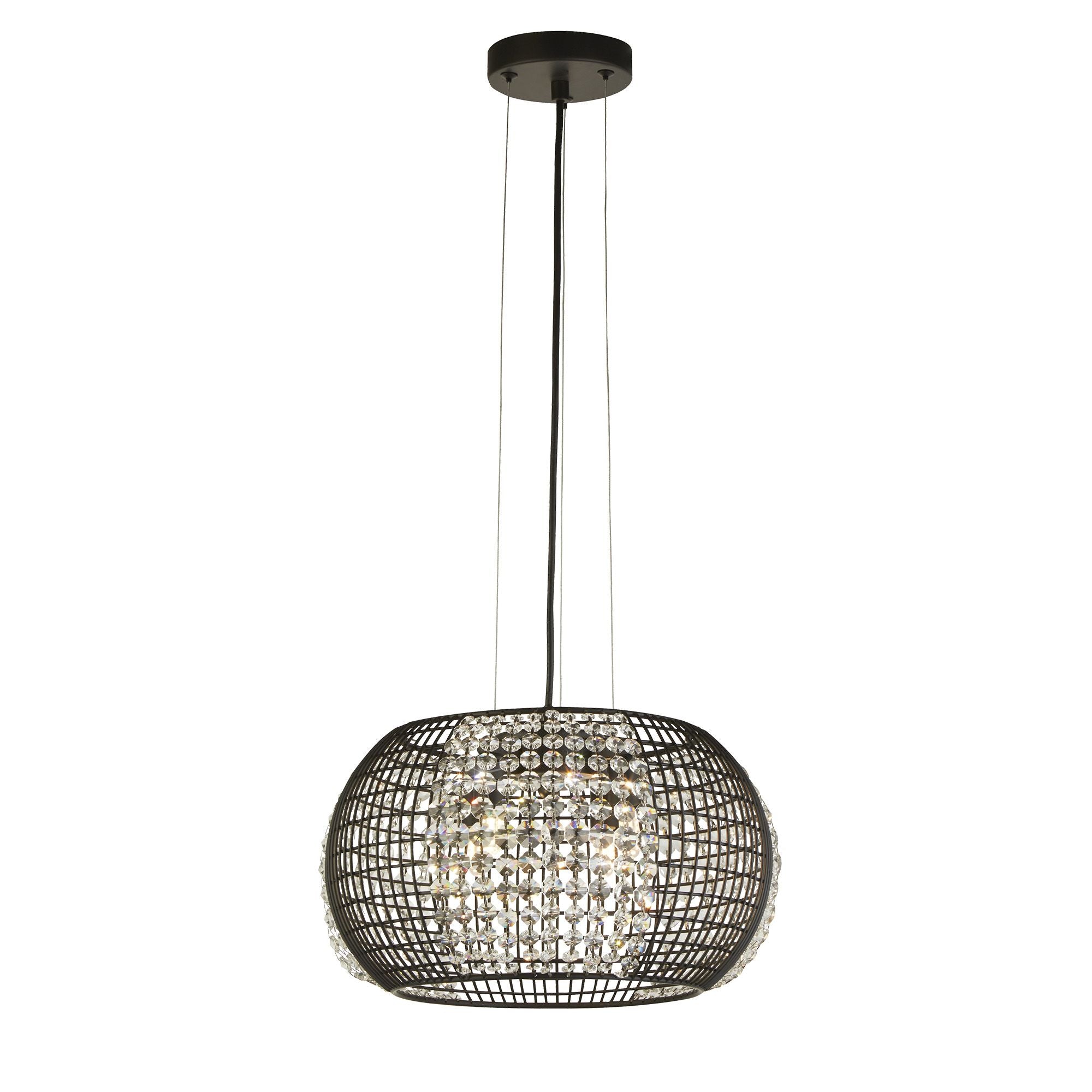 Searchlight Cage 4 light pendant in black with crystal glass, studio shot on a white background showing the full drop and hanging cables
