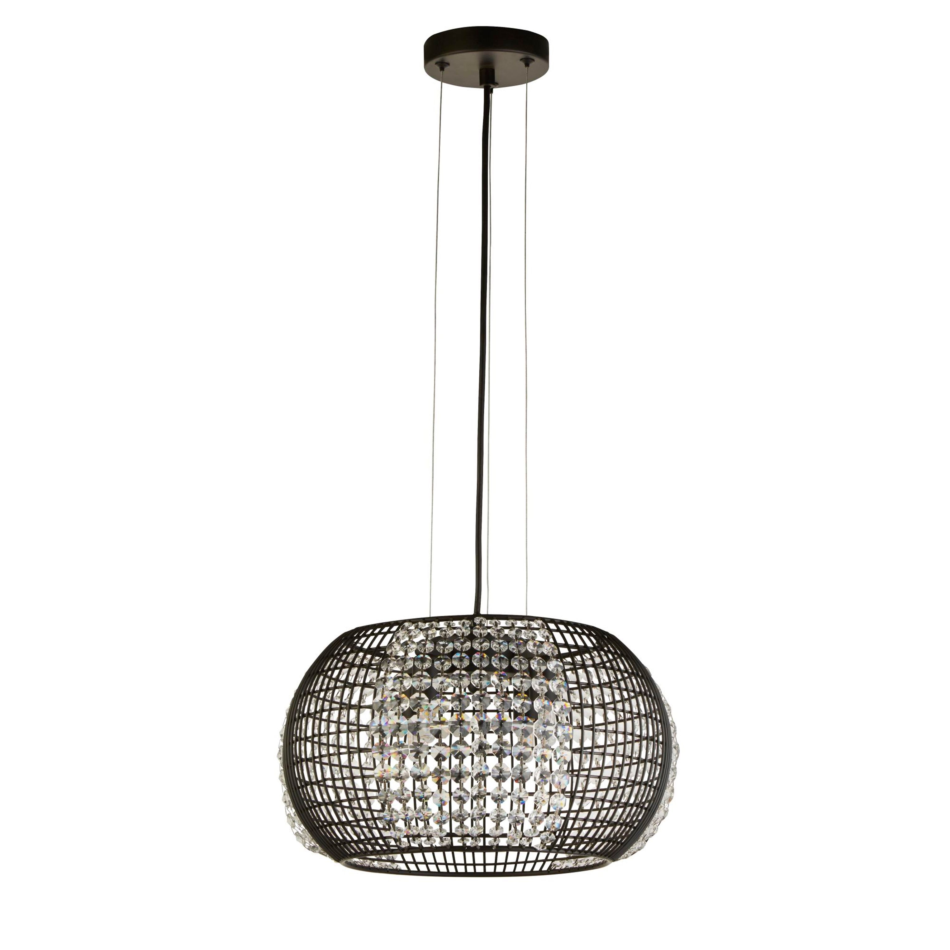 Cage 4 light pendant, front on studio view showing the black wire drum shade filled with crystal glass