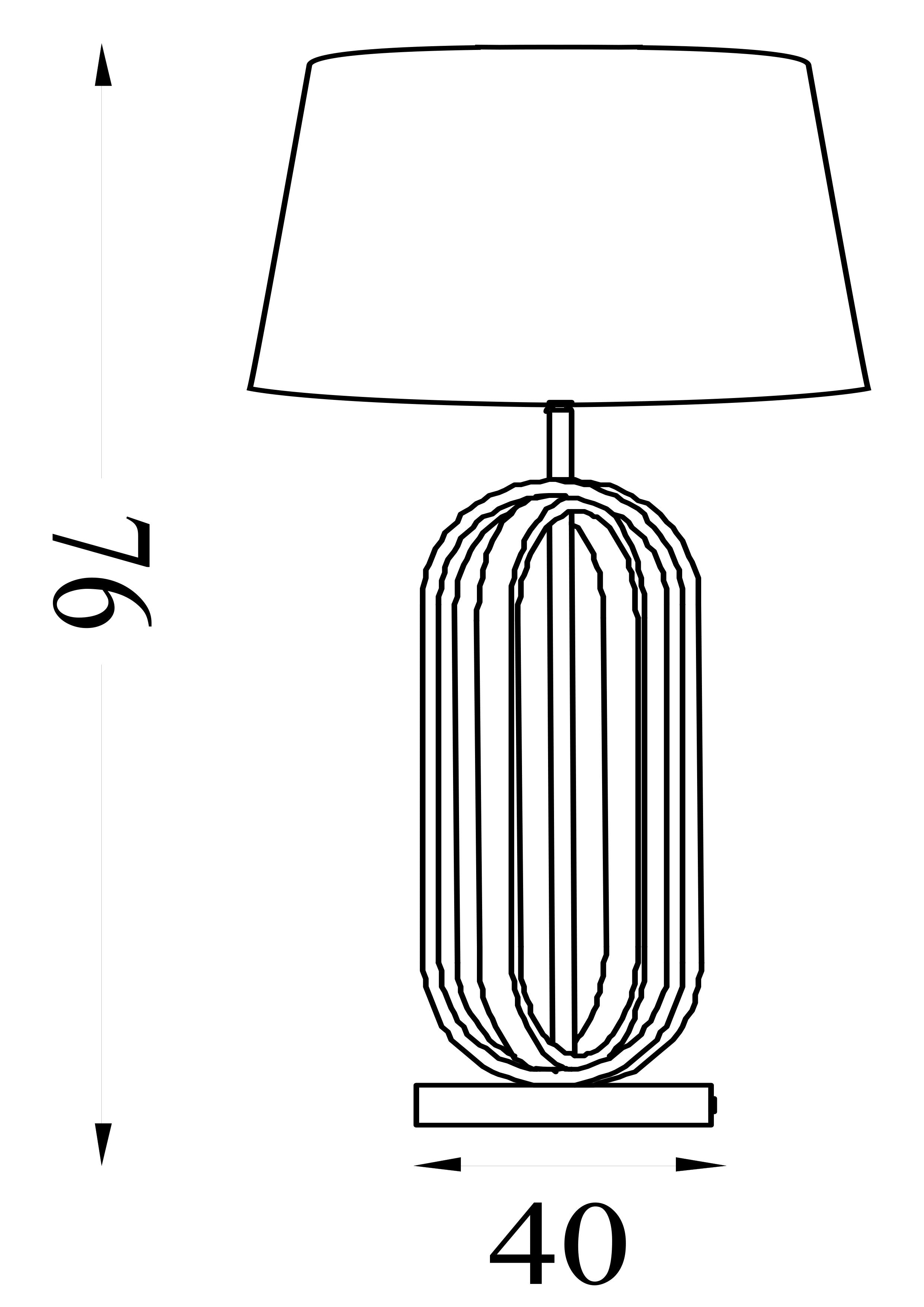 Technical line drawing of the lamp showing a height of 76cm and a base width of 40cm